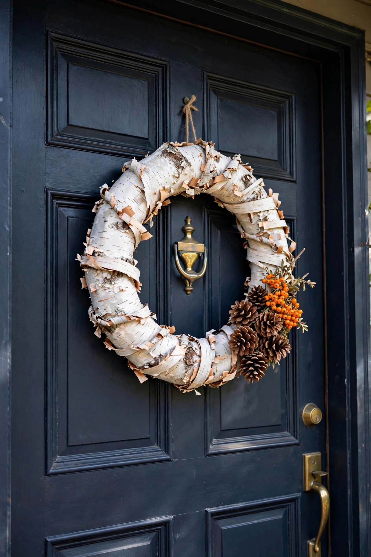 White birch bark wrapped wreath with pinecones on a dark navy front door.