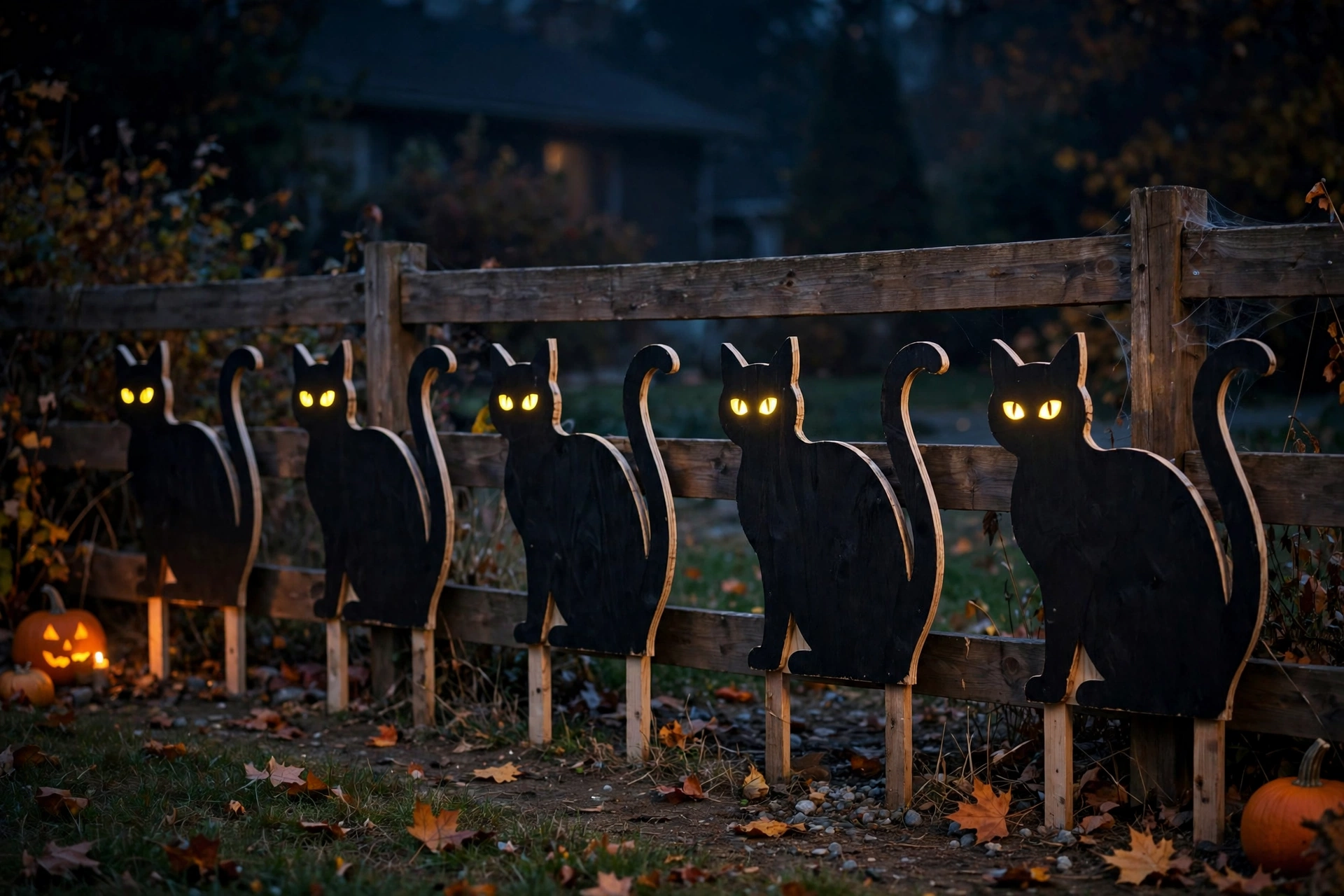 Arched black-cat plywood silhouettes with glowing yellow eyes staked along a fence at night.
