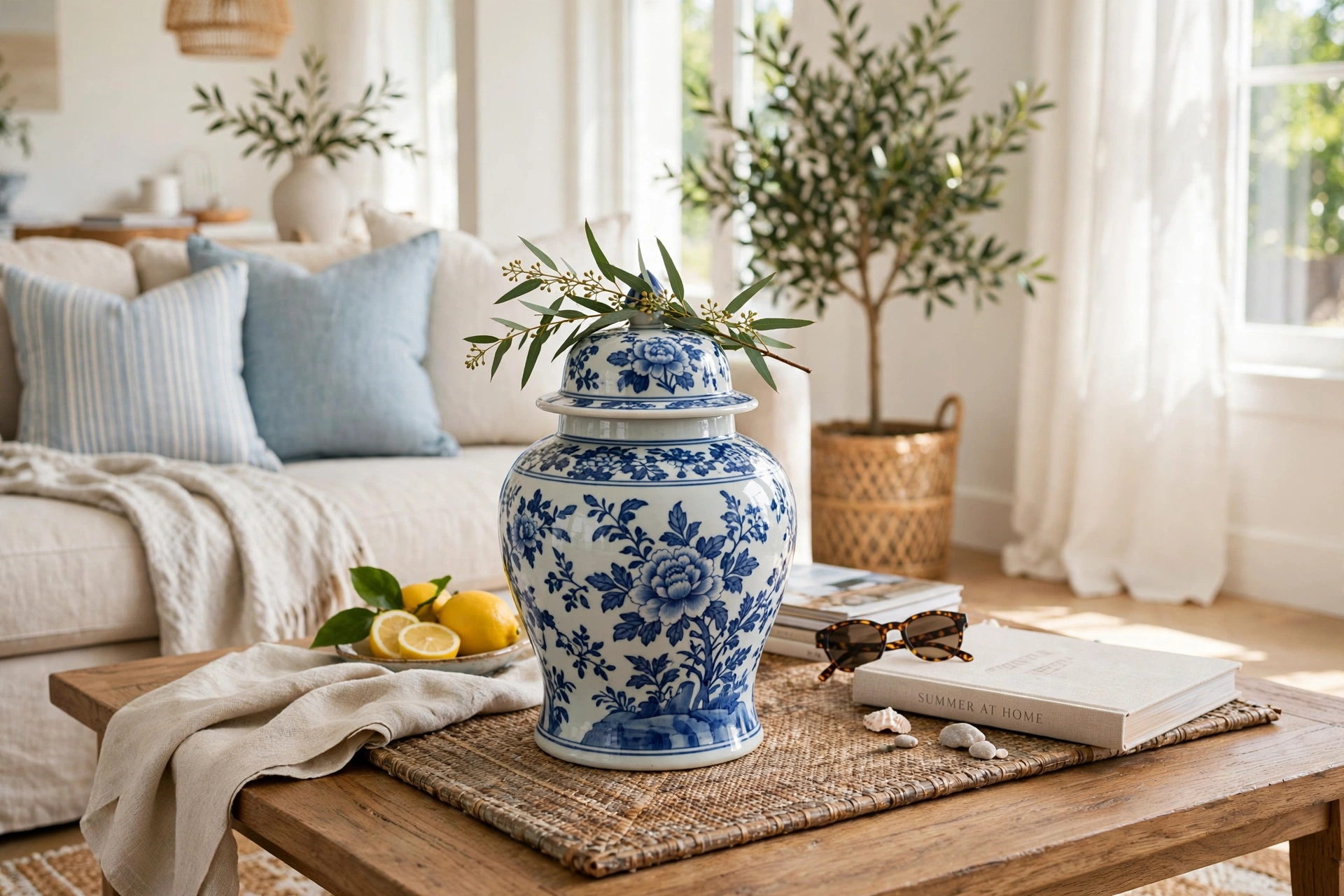 Blue and white porcelain ginger jar with a sprig of greenery on a coffee table in a bright living room.
