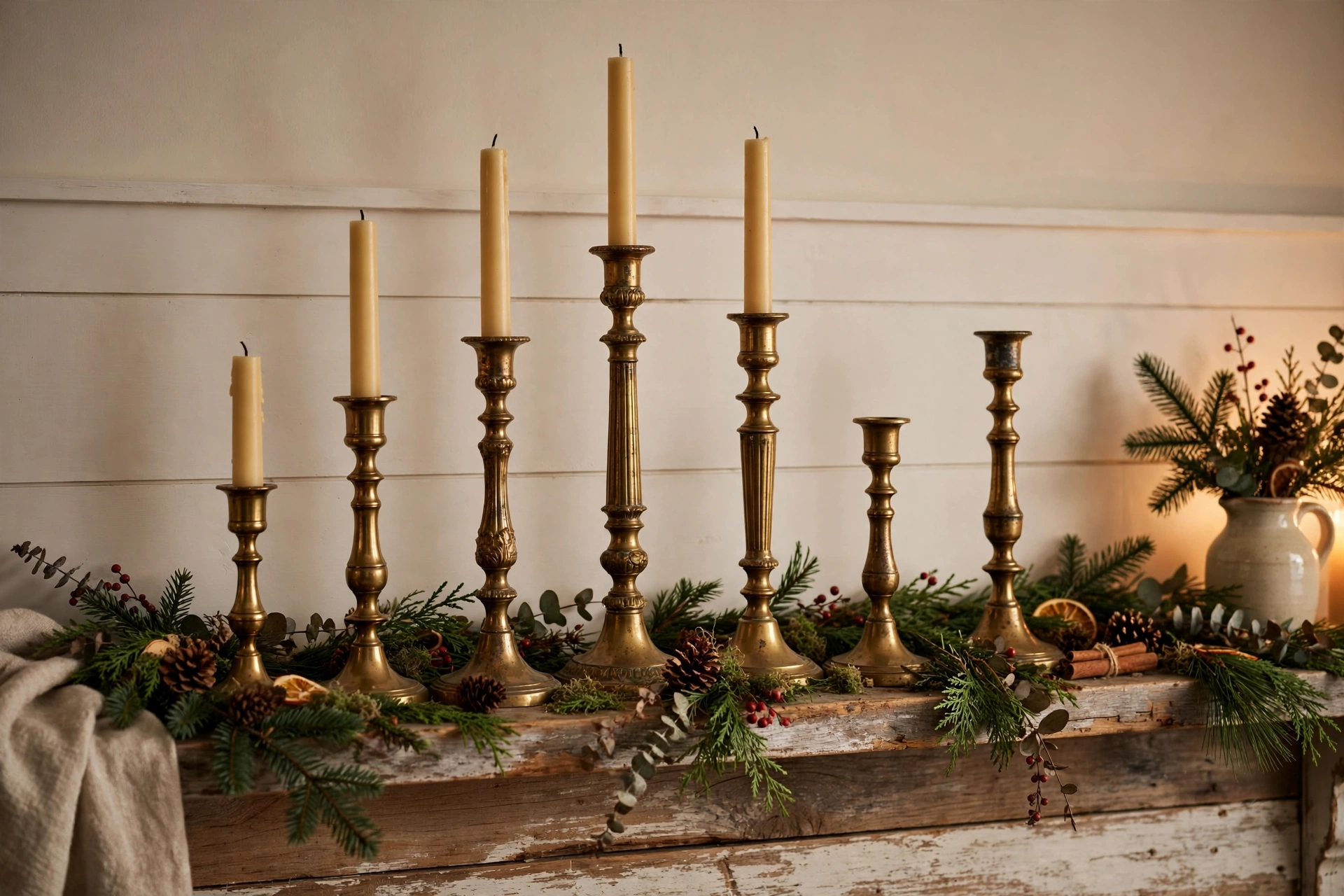 Row of antique brass candlesticks of varying heights on a farmhouse mantel with fir sprigs.