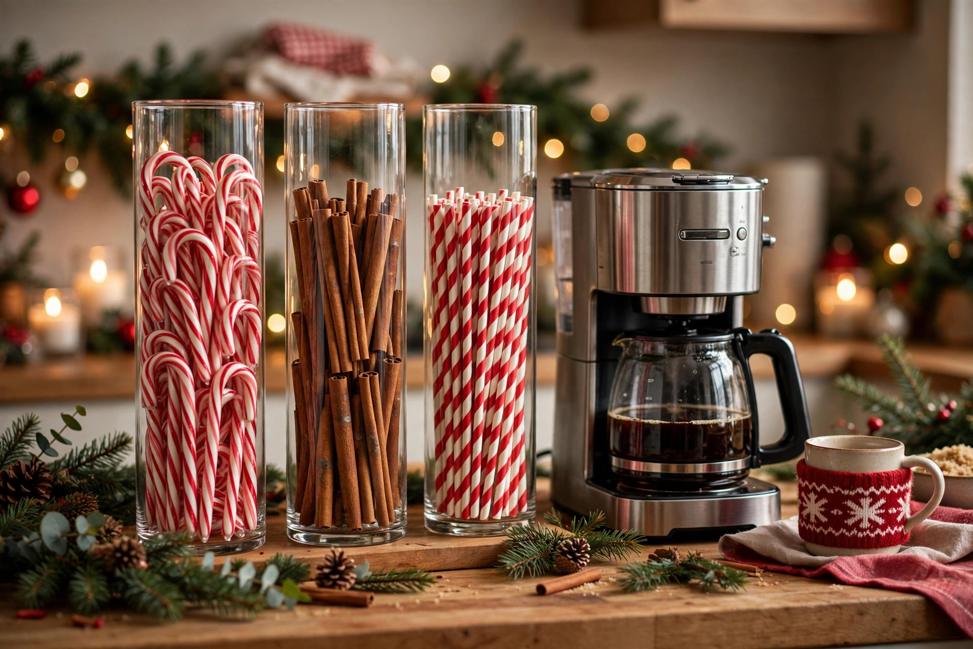 Tall glass jars filled with candy canes and stirrers beside coffee maker