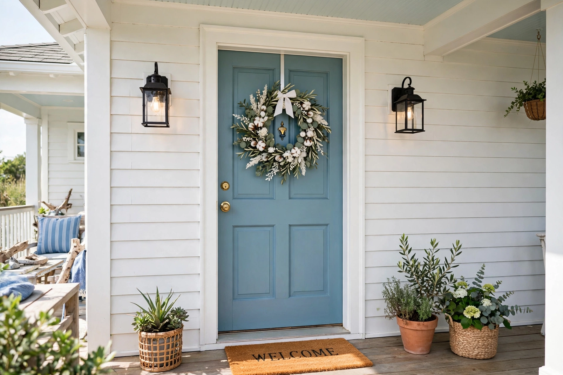 Front porch with a coastal blue painted front door and white wreath.
