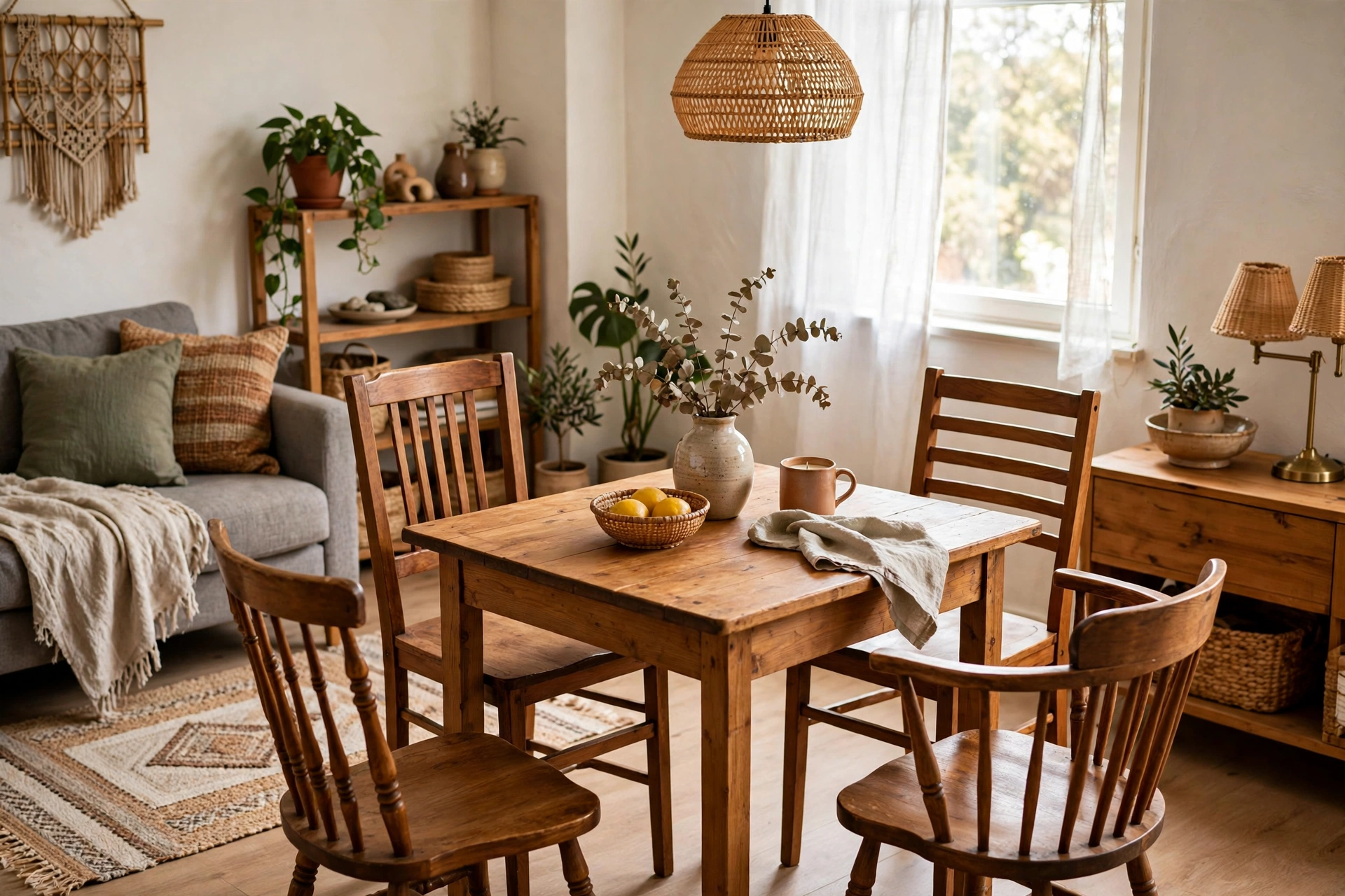 Dining table surrounded by mismatched chairs in one warm wood finish.