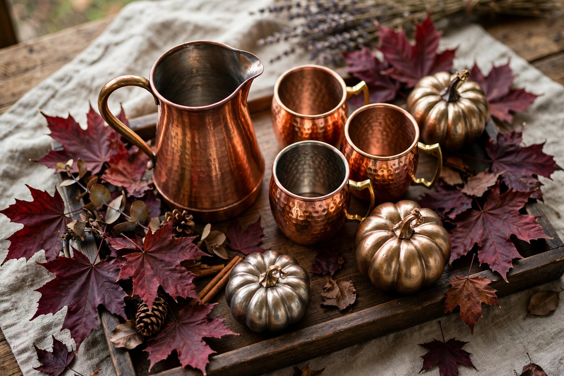 Tray with copper mugs, a copper pitcher, metallic pumpkins, and burgundy fall leaves.