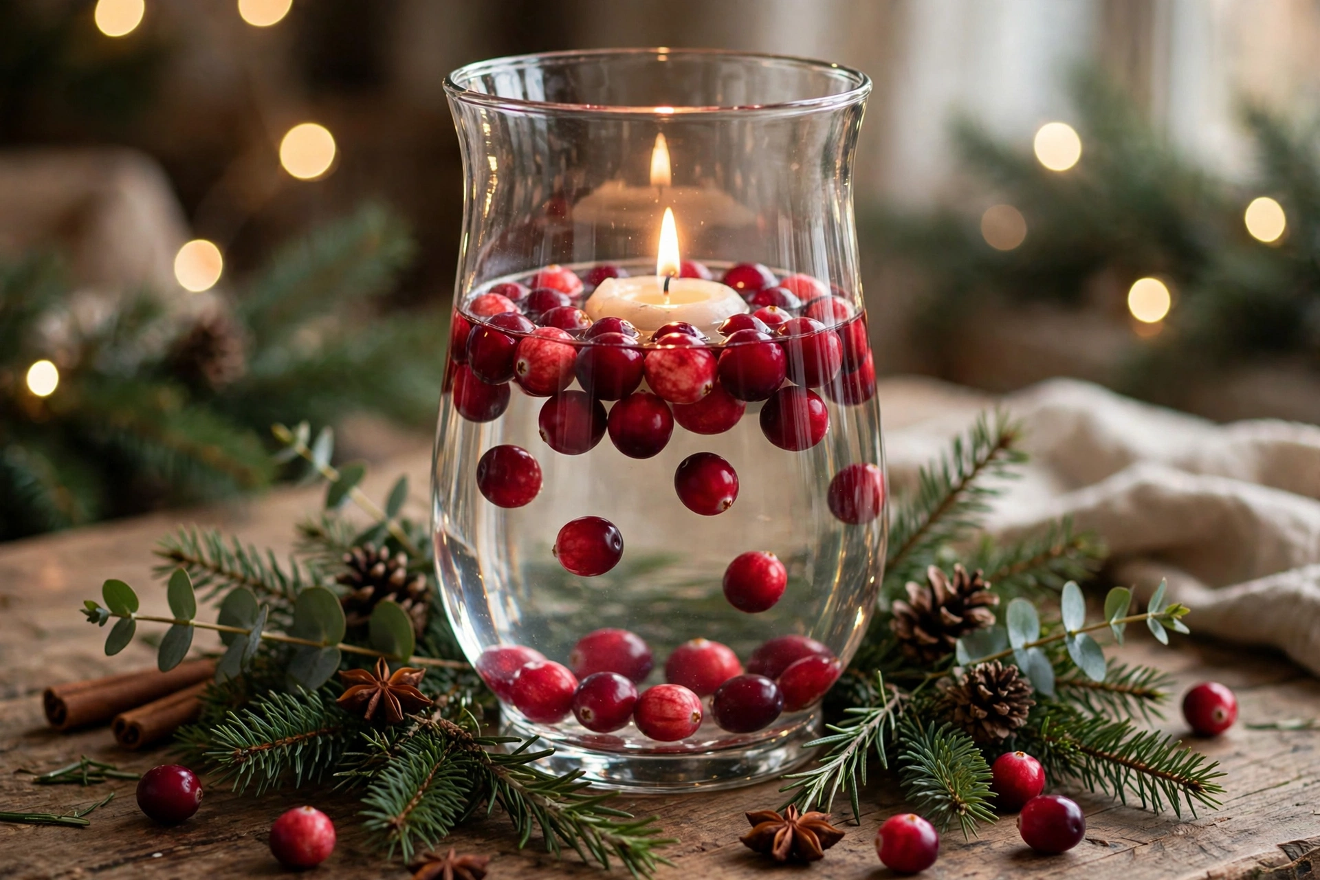 Glass hurricane filled with cranberries and water with a floating candle glowing inside.