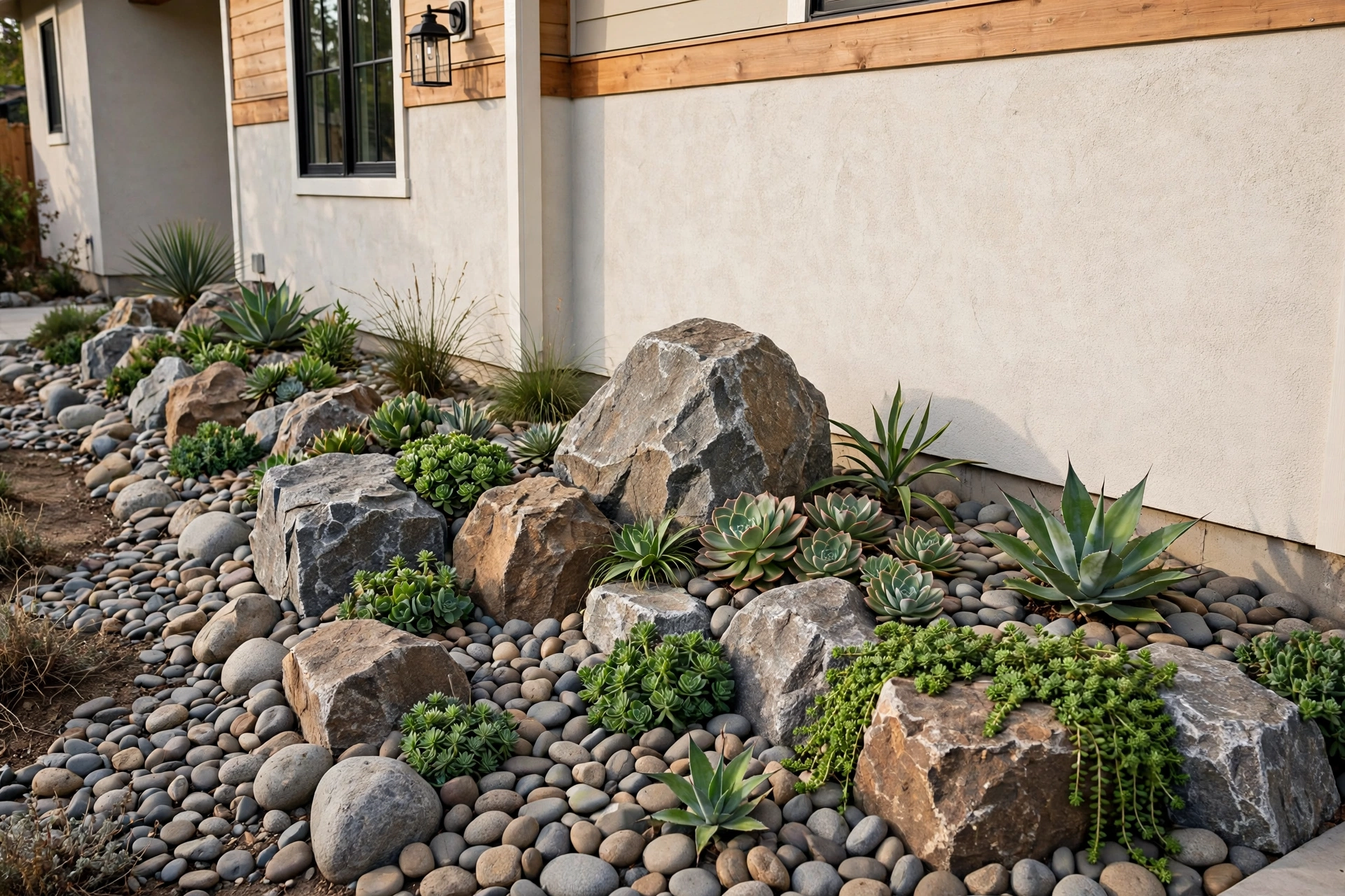 Decorative rock garden bed with boulders, river rocks and drought-tolerant succulents along the side of a house.