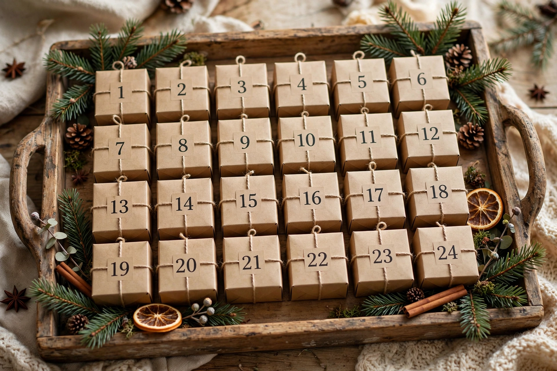 Numbered kraft advent calendar boxes arranged on a wooden tray with pine sprigs.