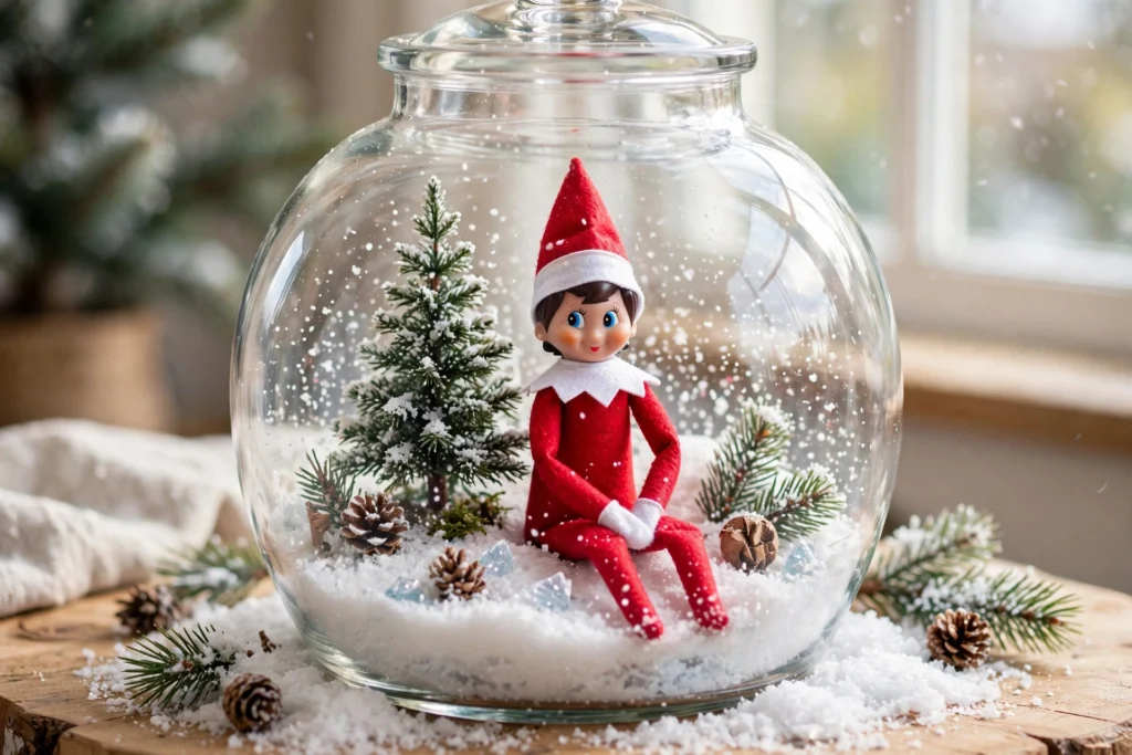 Elf in a jar snow globe — elf on the shelf arrival idea