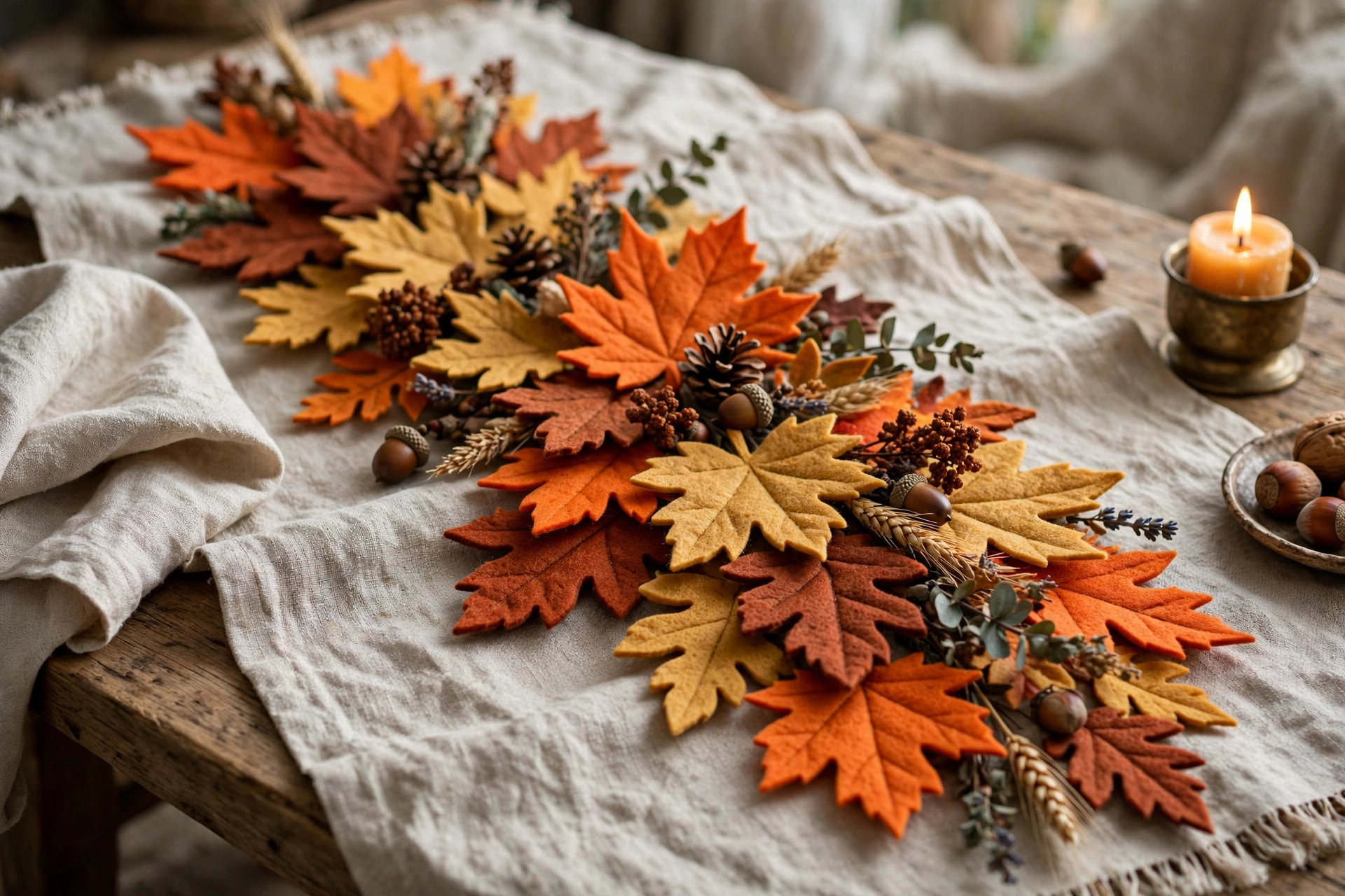 Linen table runner decorated with layered felt autumn leaves in orange, rust and gold.