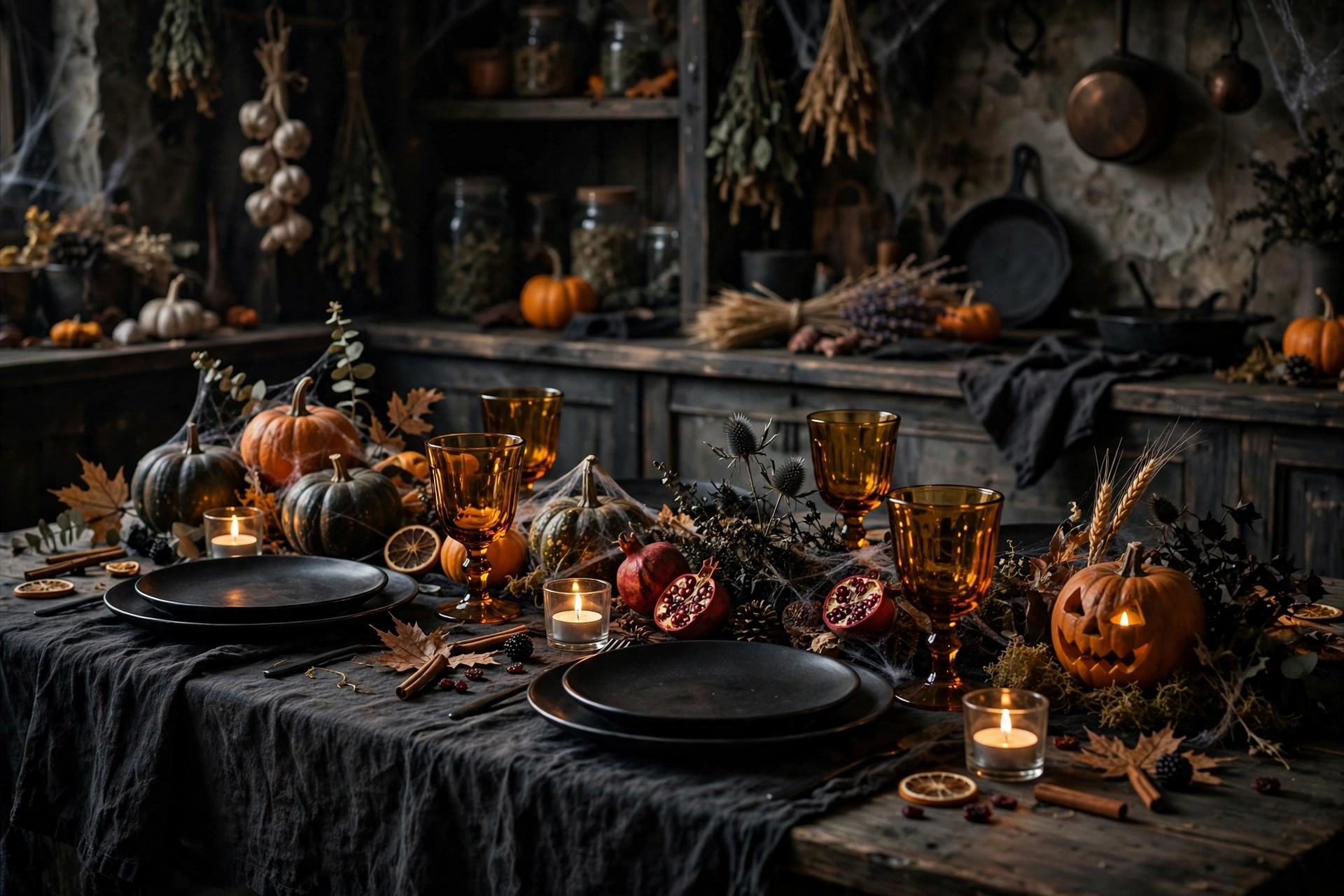 Haunted harvest dining table with black plates, amber goblets and tea lights on dark cloth.
