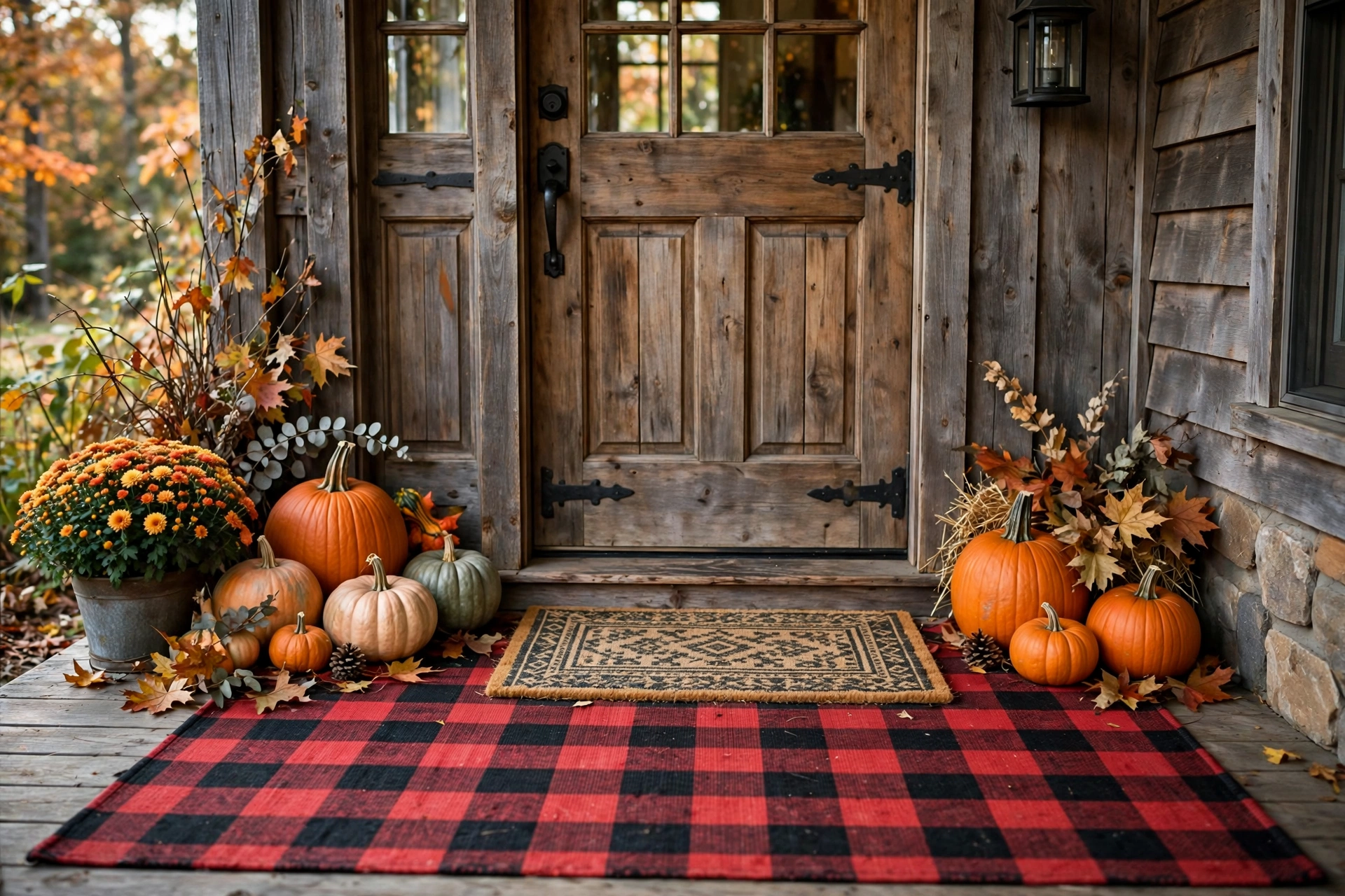 Layered plaid outdoor rug with a hello pumpkin doormat on a farmhouse porch.
