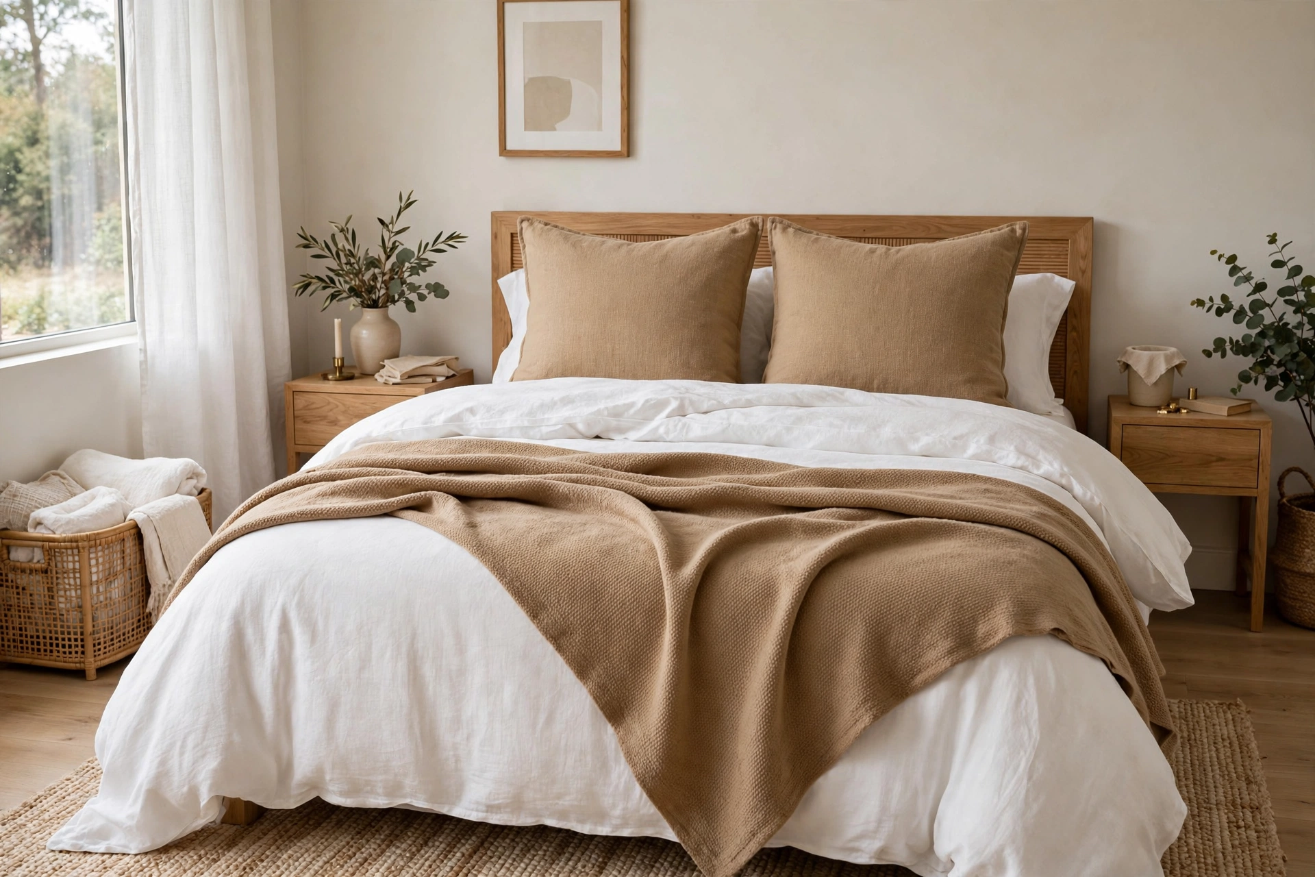 White bedding layered with camel throw blanket and camel euro shams in a bedroom.