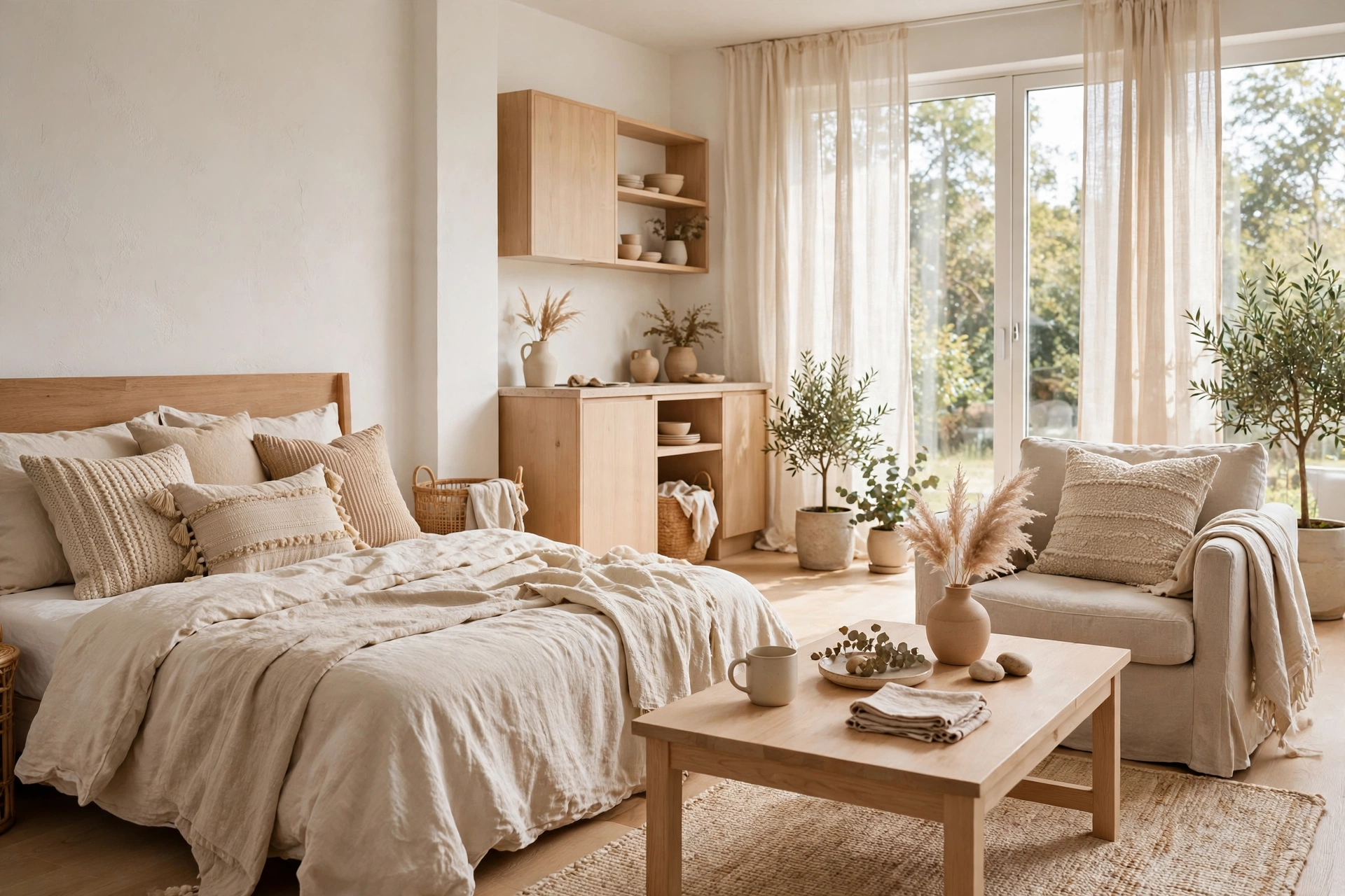 A studio apartment styled in warm white and beige tones with linen bedding and a light wood coffee table