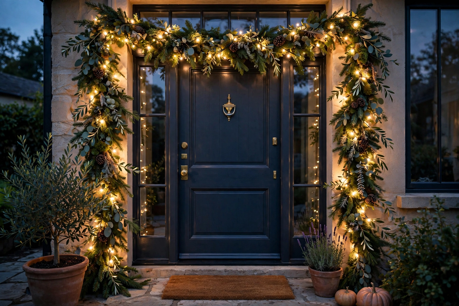 Lit garland with warm white lights — Christmas door idea