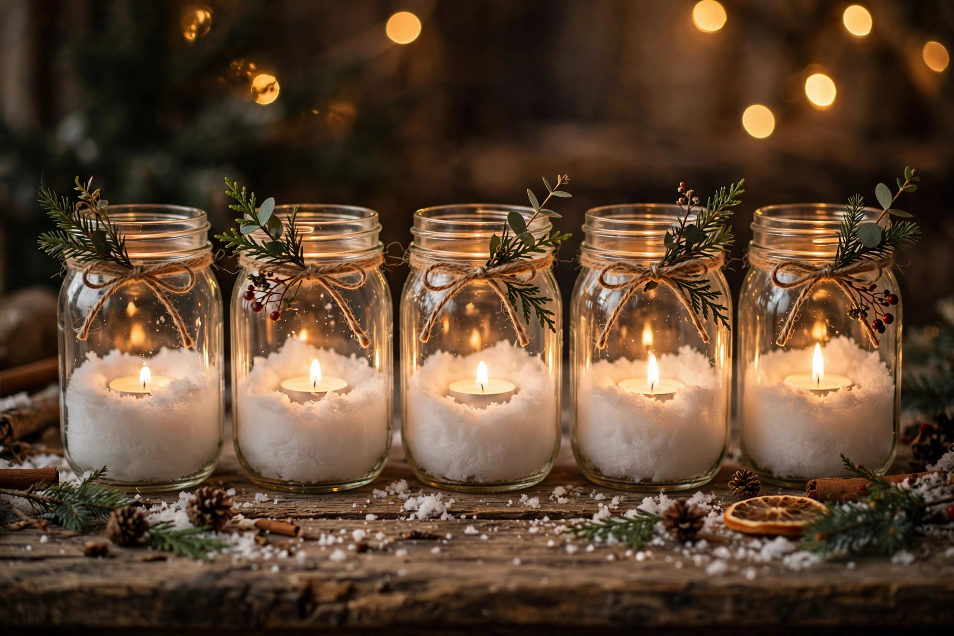 Mason jars filled with faux snow and tea lights tied with twine and greenery on a wooden table.