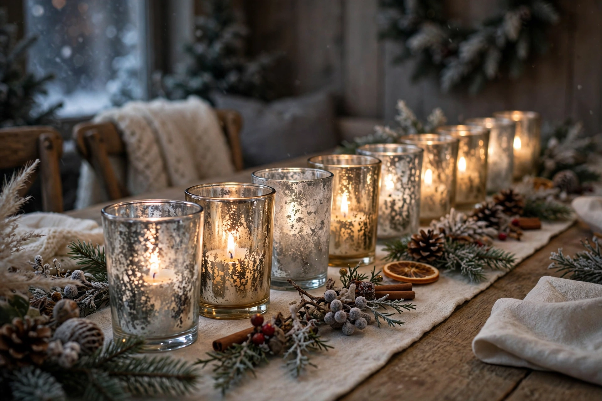 Row of mercury glass votive candle holders on a winter dining table