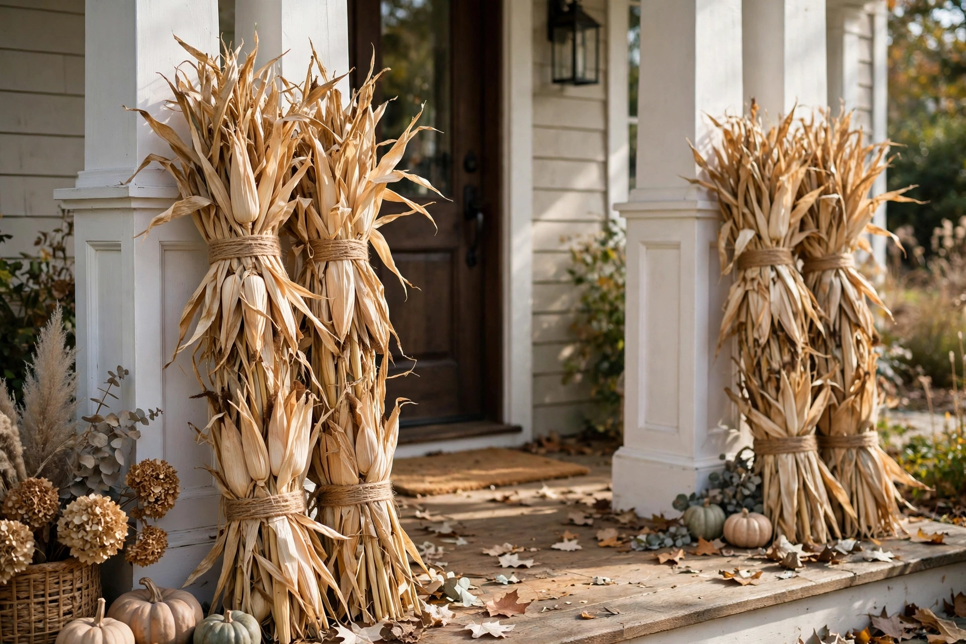 Bundles of dried corn husks standing beside front porch entry columns.