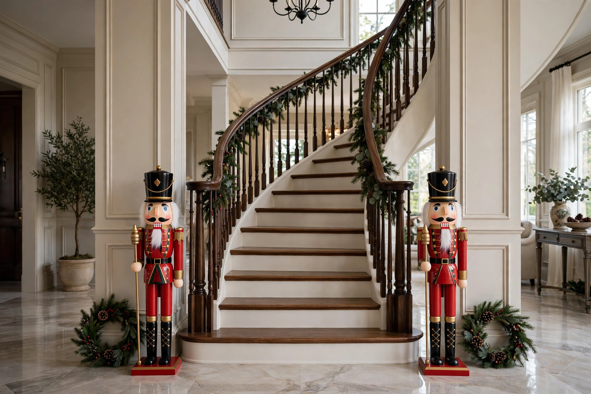 Two tall traditional nutcracker figures flanking the base of a decorated Christmas staircase.