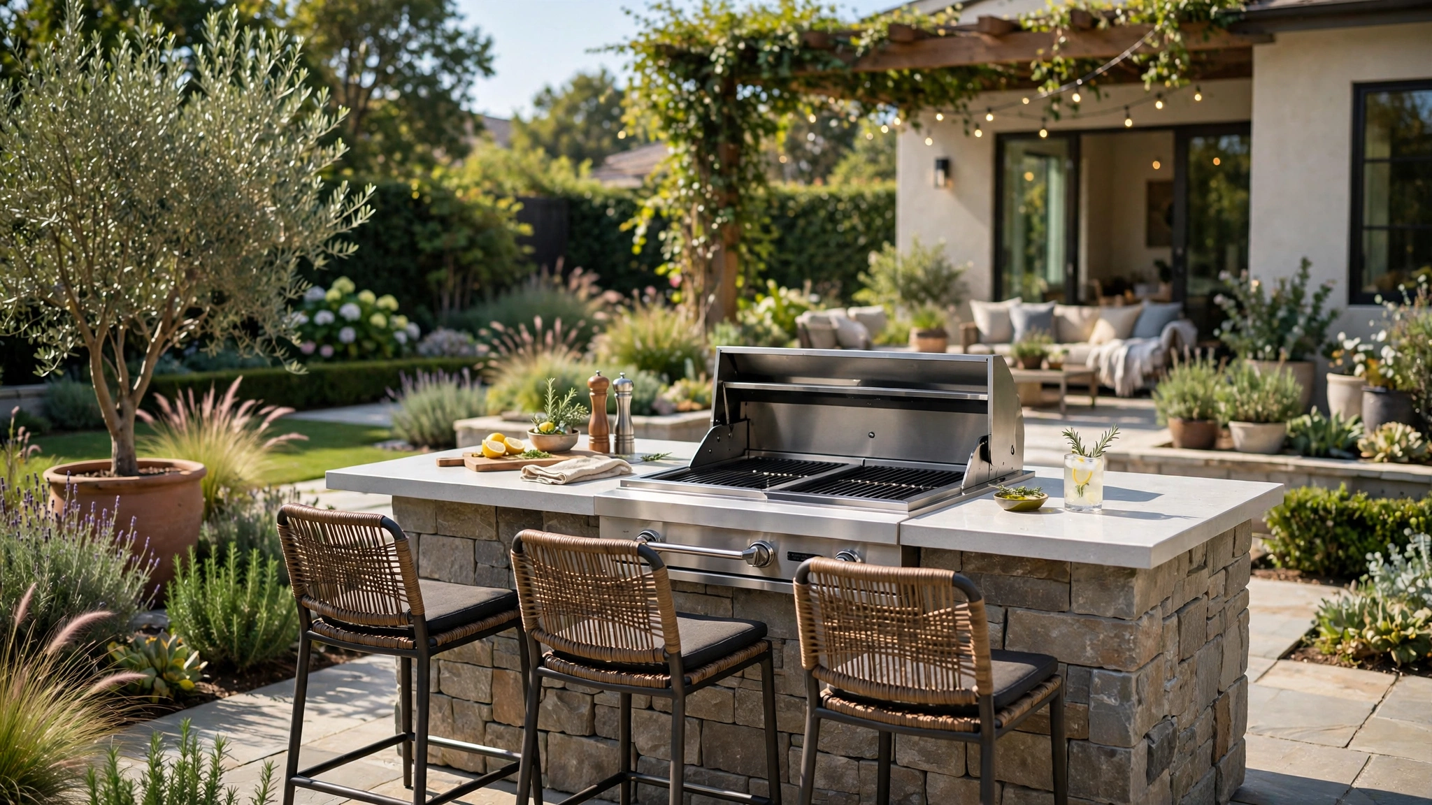 A stone outdoor kitchen island with a built-in grill, countertop, and bar stools in a landscaped backyard