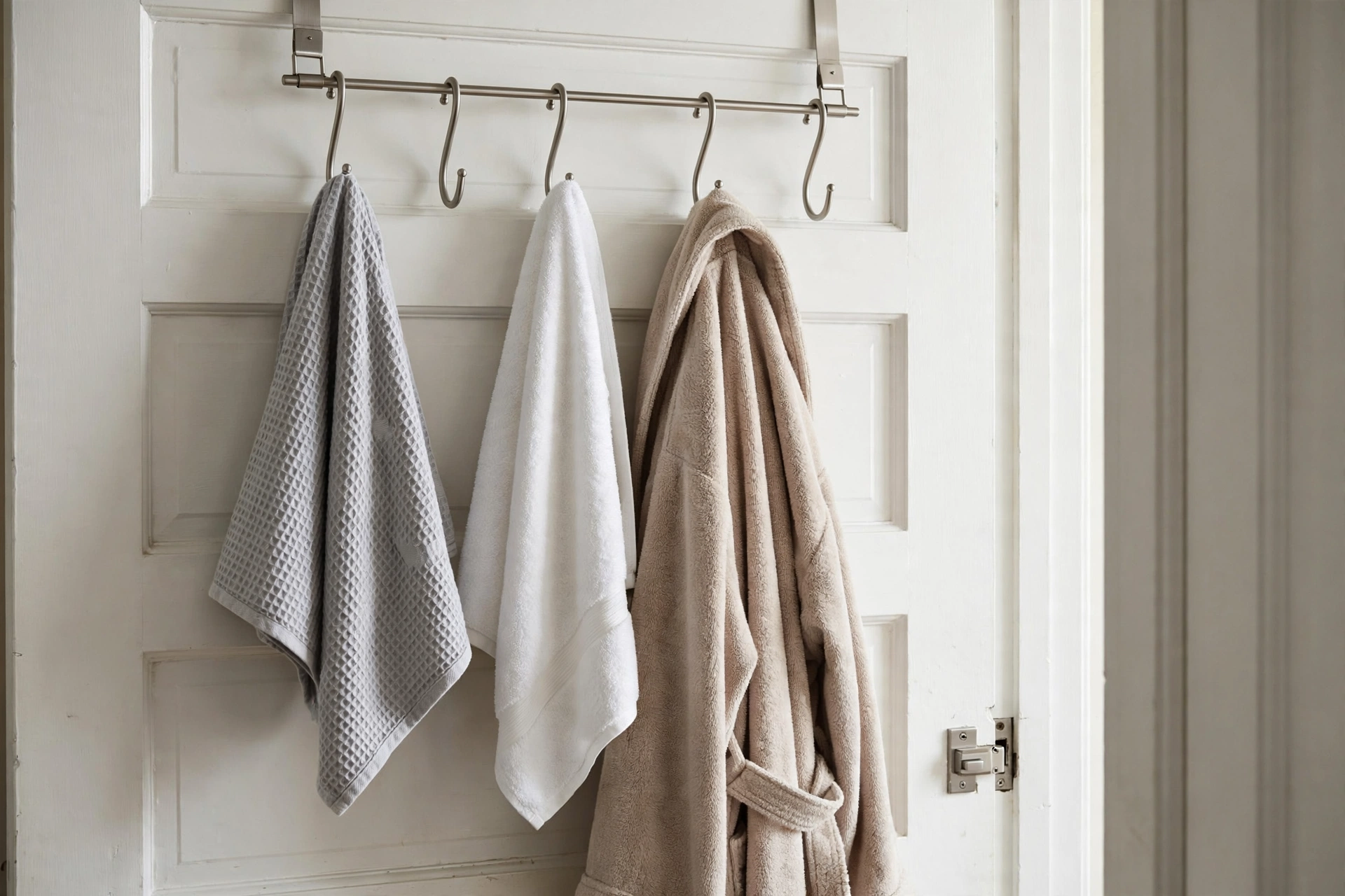 The back of a white bathroom door with an over-the-door metal hook rack holding towels and a bathrobe, realistic photo, no text