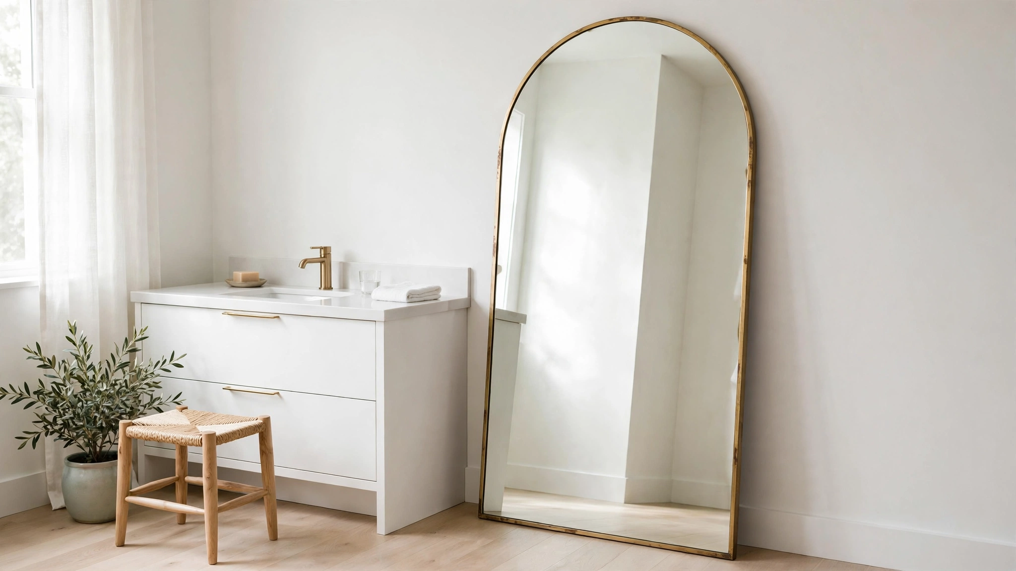 Oversized arch-shaped mirror with thin brass frame leaning against a bathroom wall