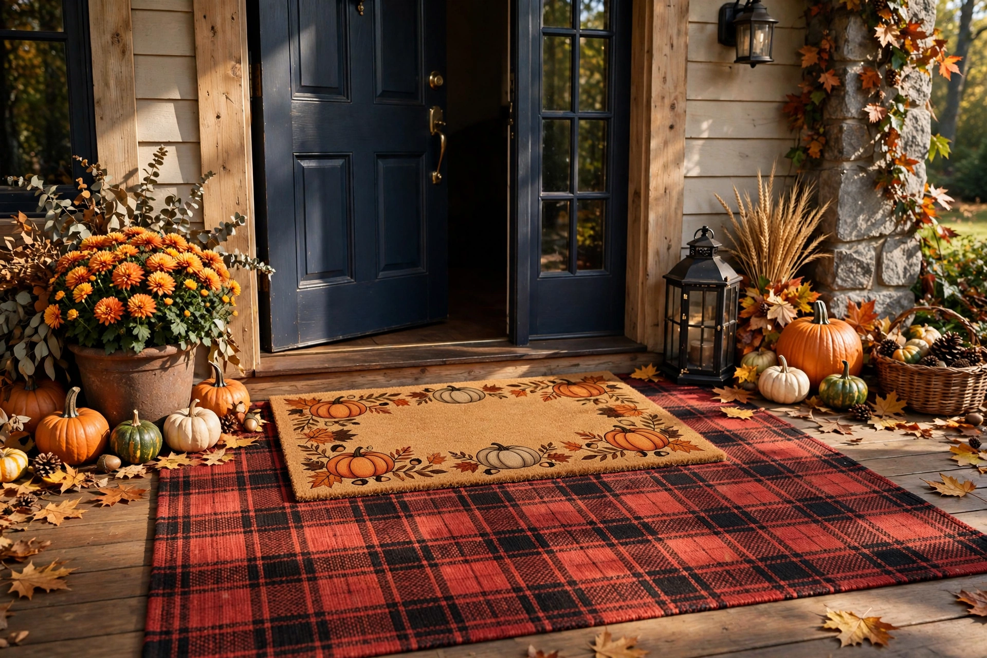 Layered plaid rug and hello pumpkin doormat at a front door.