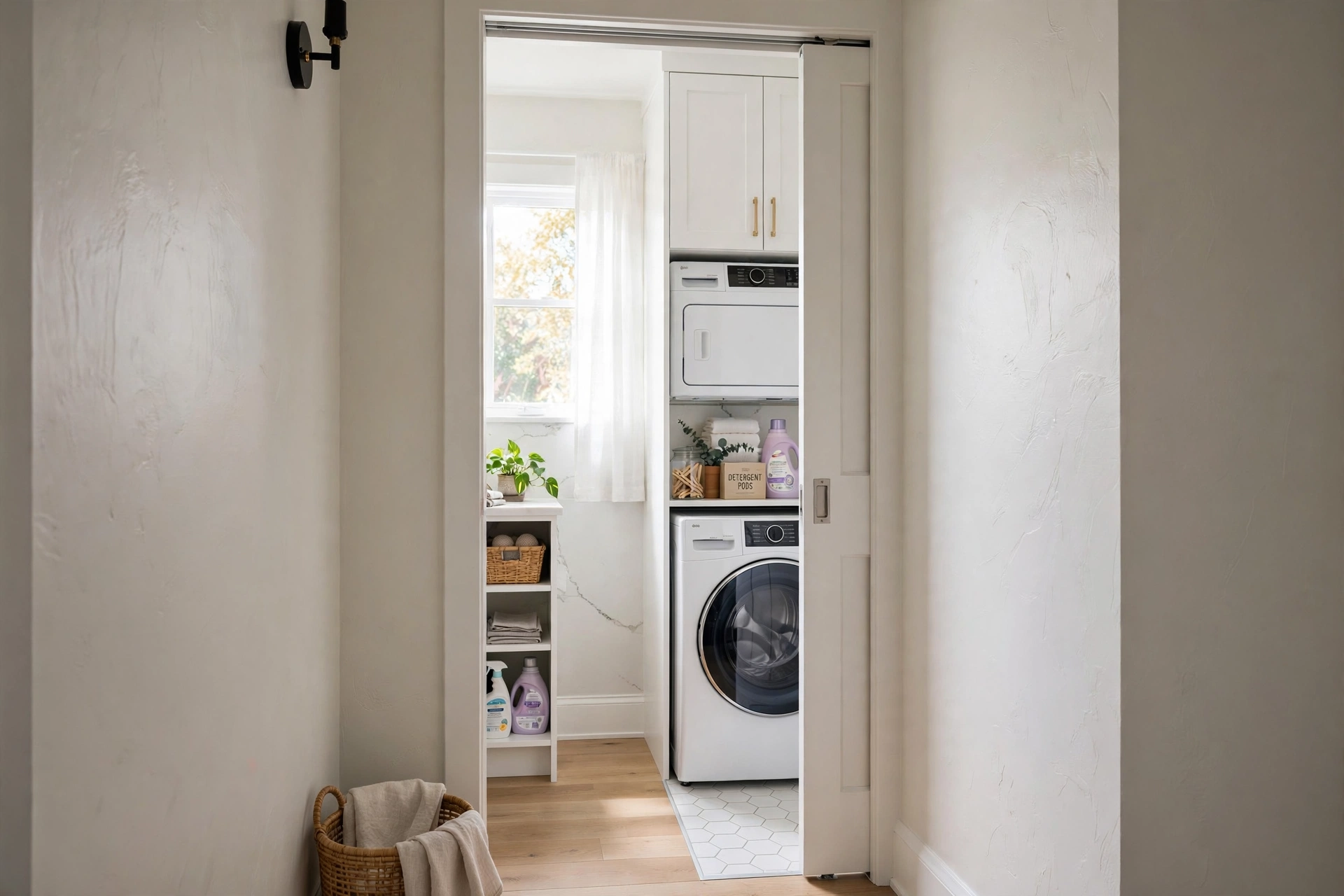 Pocket door that disappears — small narrow laundry room idea