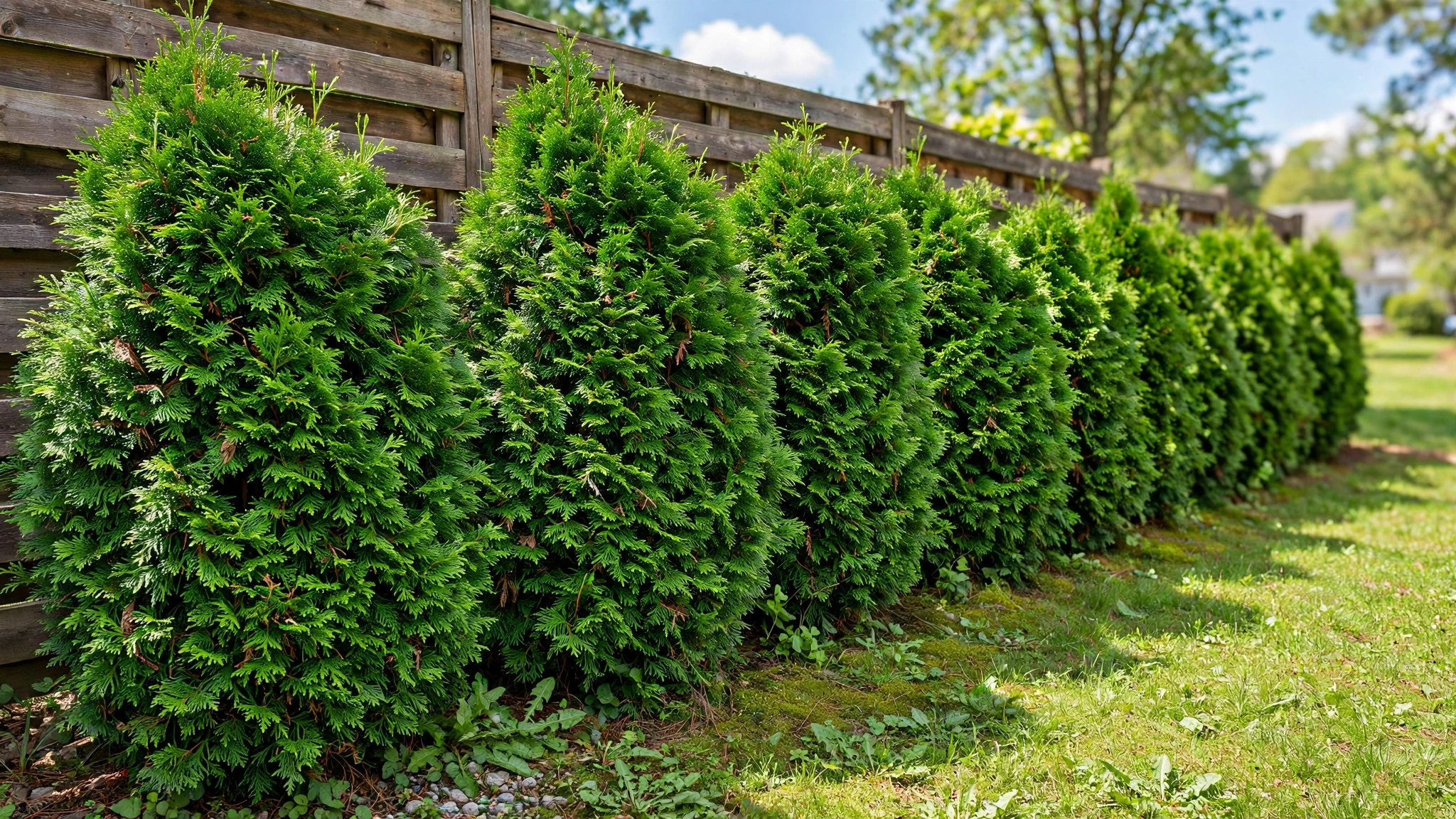 A dense row of green arborvitae privacy shrubs growing in front of a wooden fence.