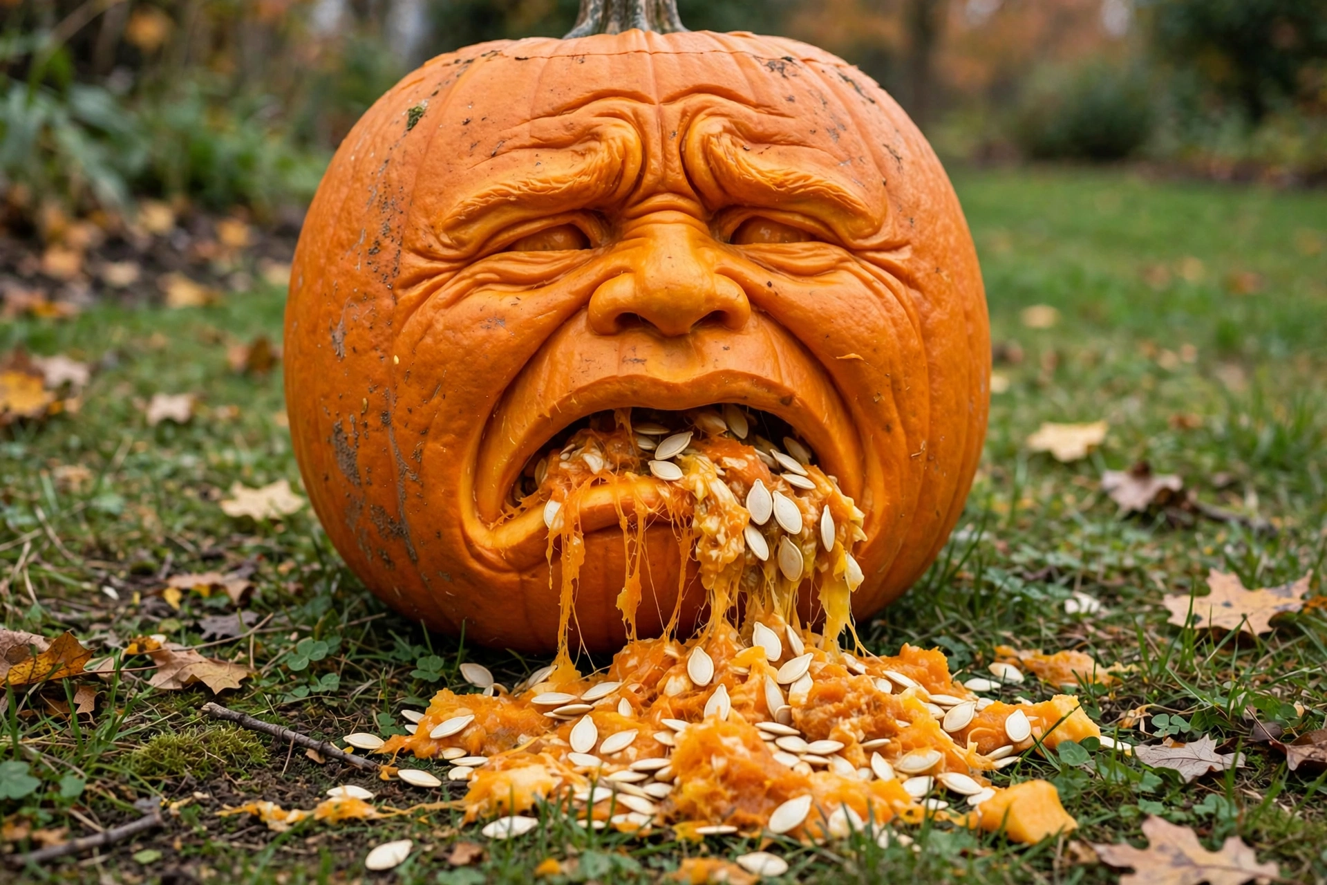 Carved pumpkin with a disgusted face appearing to vomit pumpkin guts and seeds onto the grass.