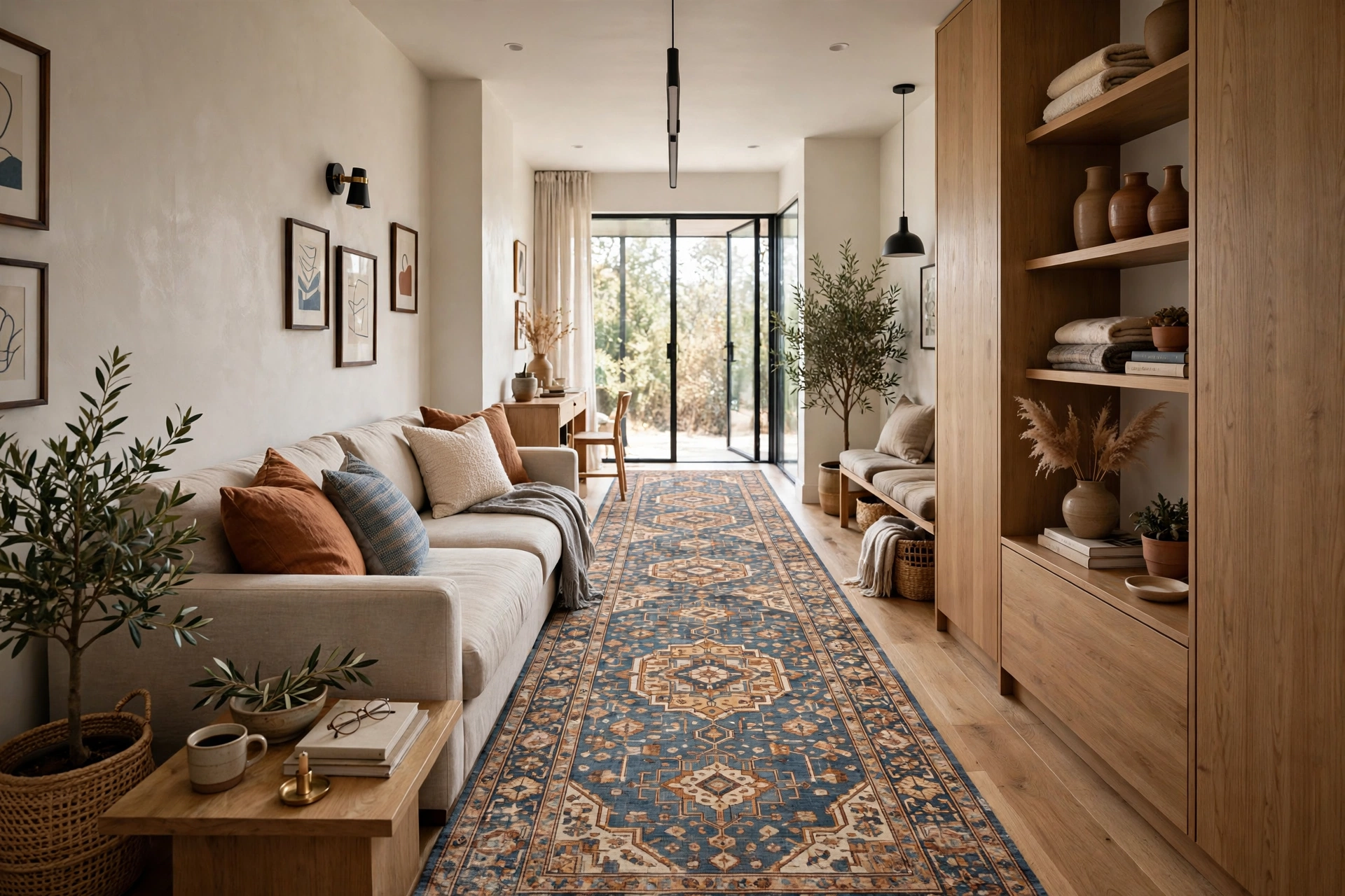 Rug runner for zoning — narrow living room idea