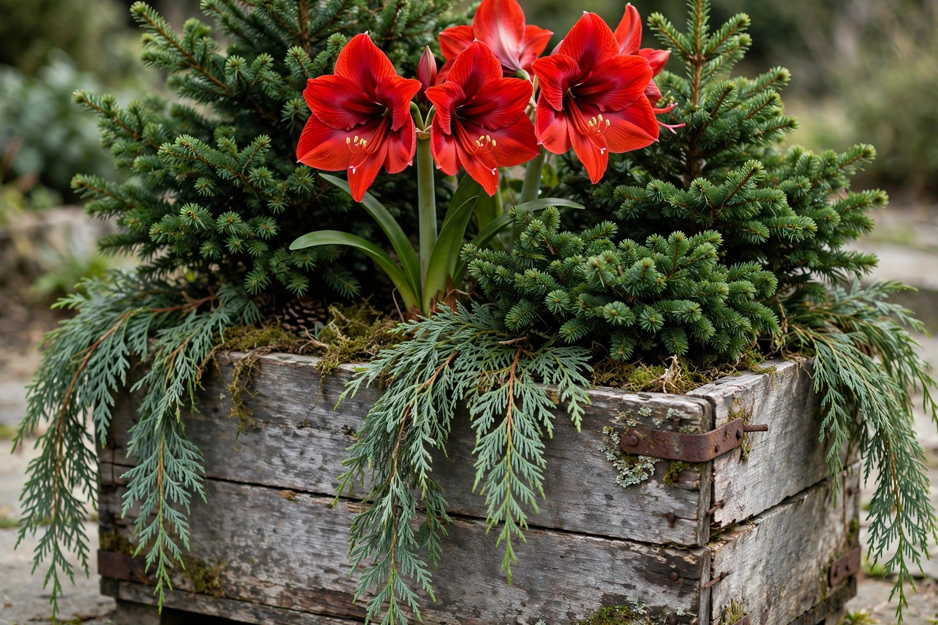 Weathered wooden box planter with evergreens, red amaryllis and trailing cedar.