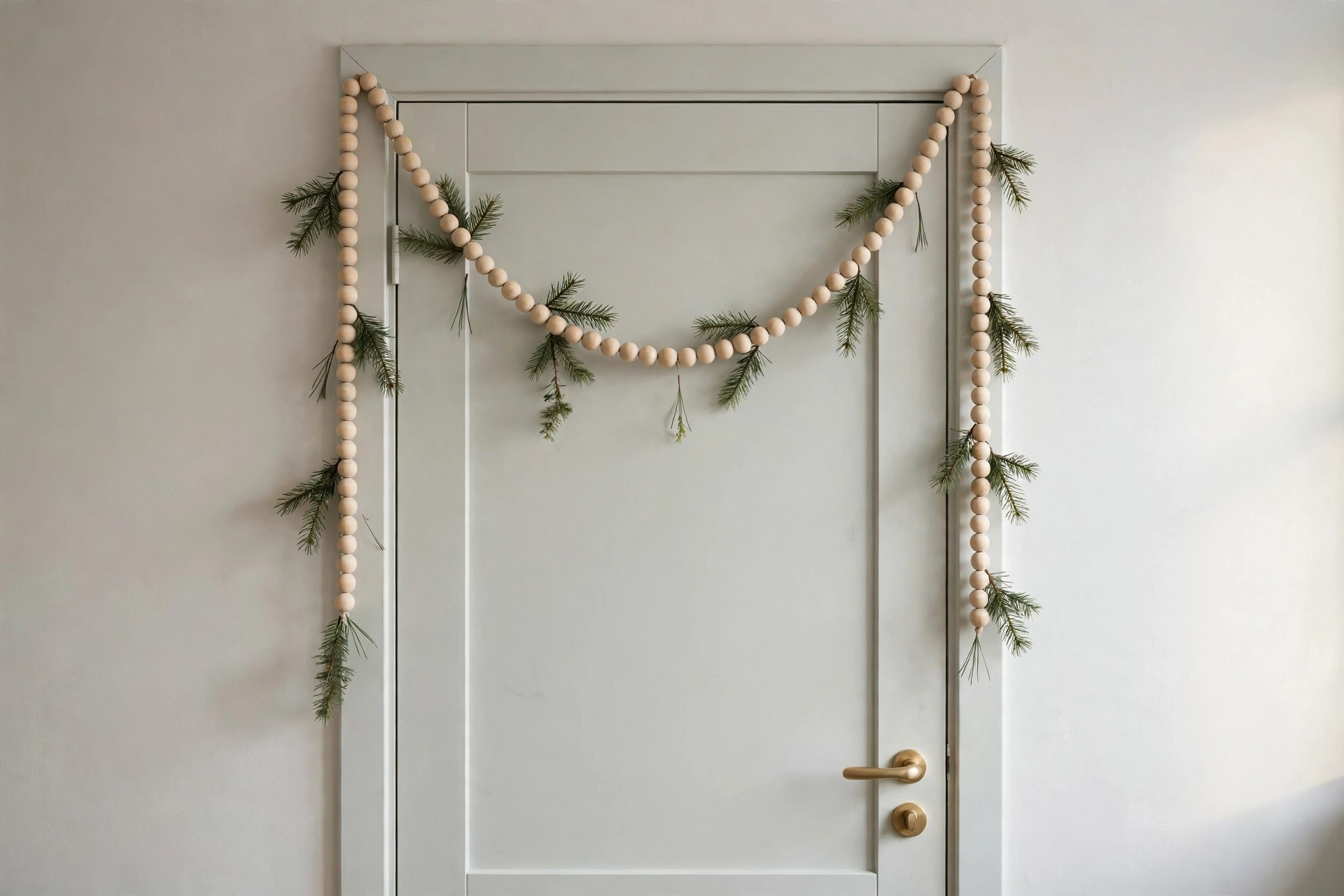 Scandinavian wooden bead garland with small pine sprigs draped in a swag on a pale apartment door.
