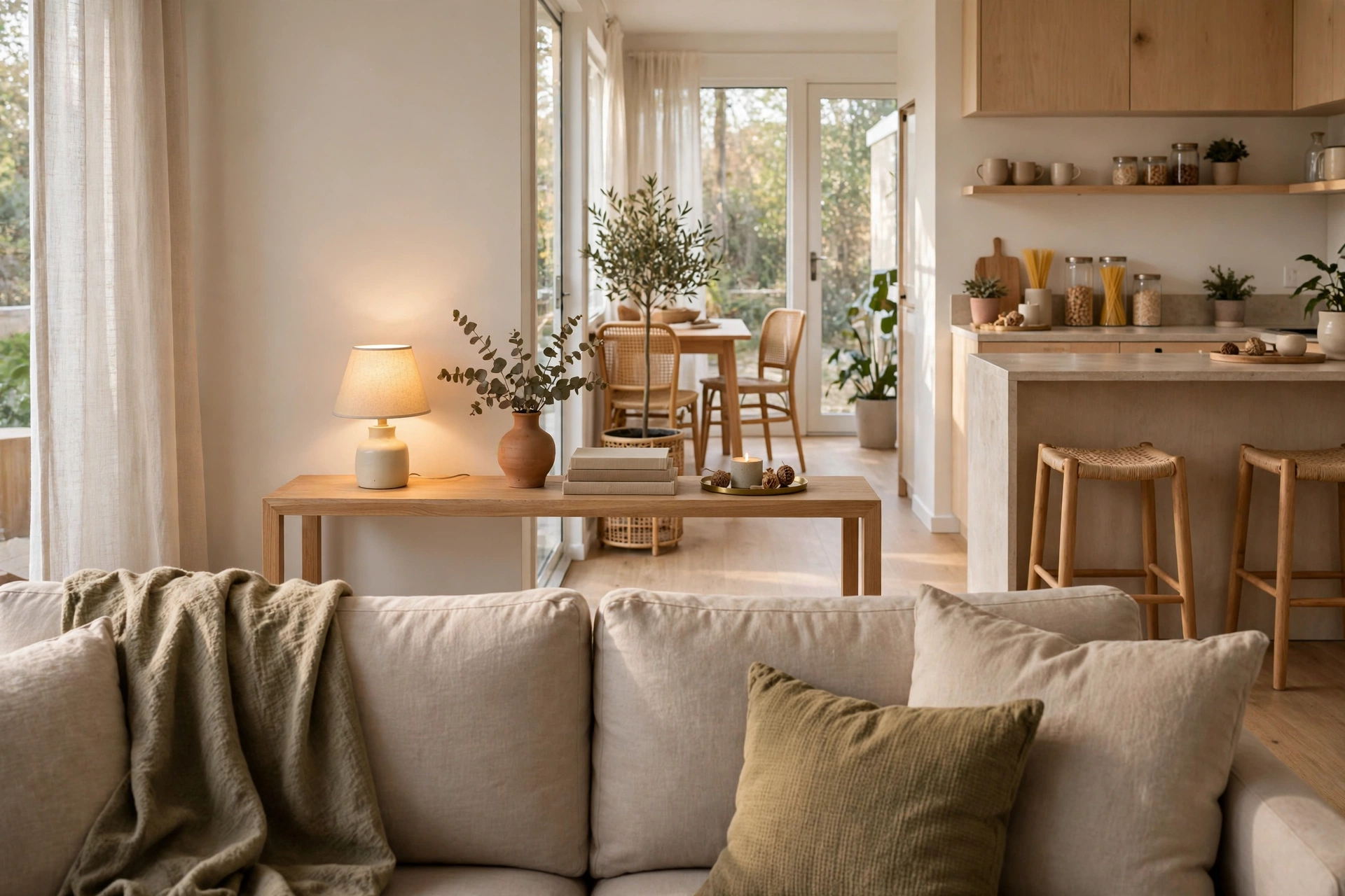 Slim console table with a small lamp placed behind a sofa in a small open plan.