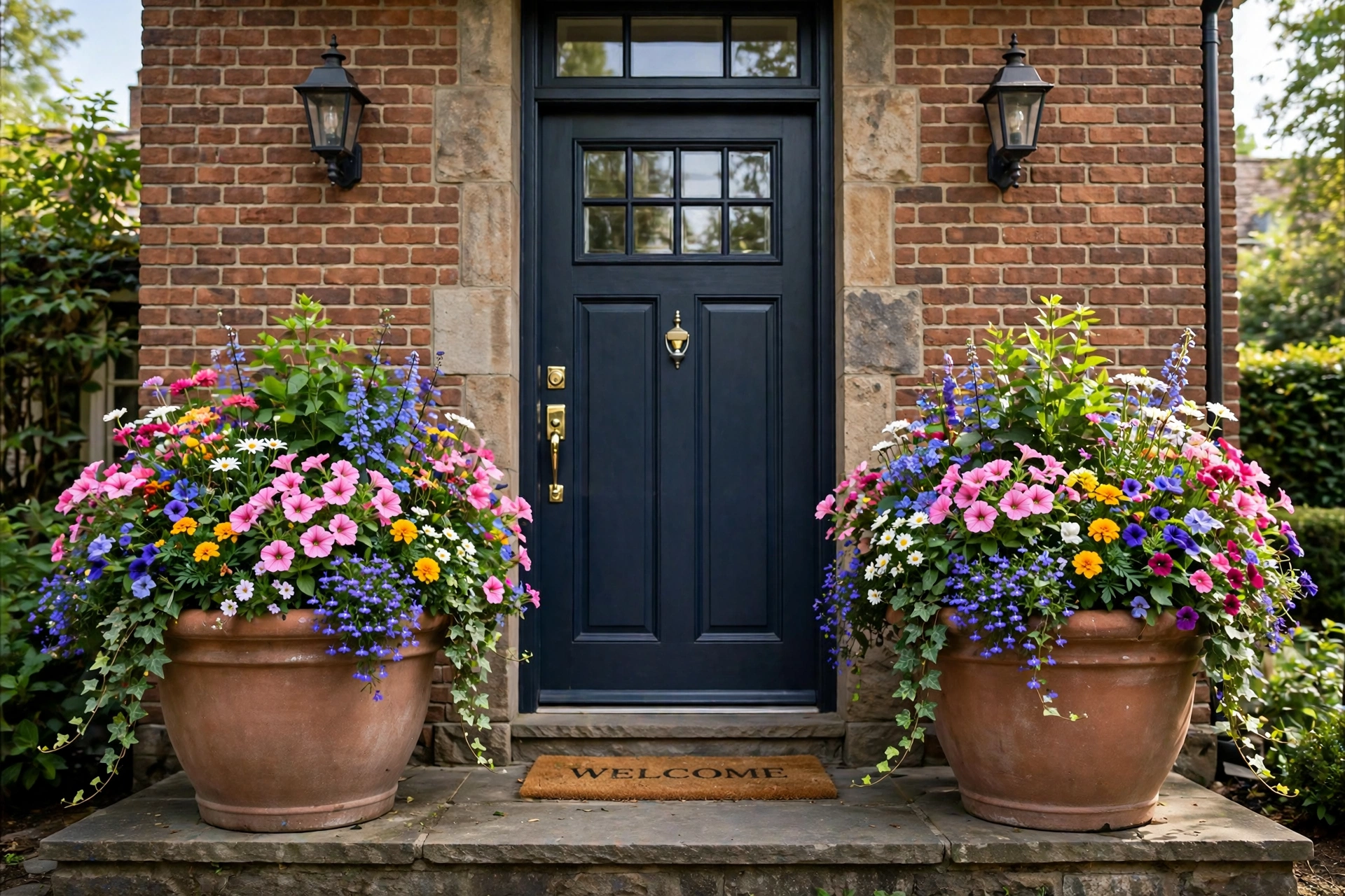 Two large matching planters with colorful flowers flanking a front door.