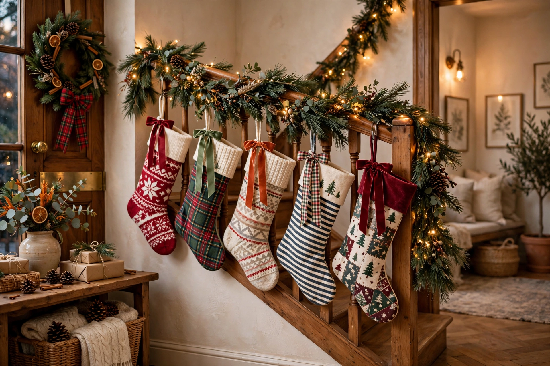 Christmas stockings hanging from a staircase railing in an entryway