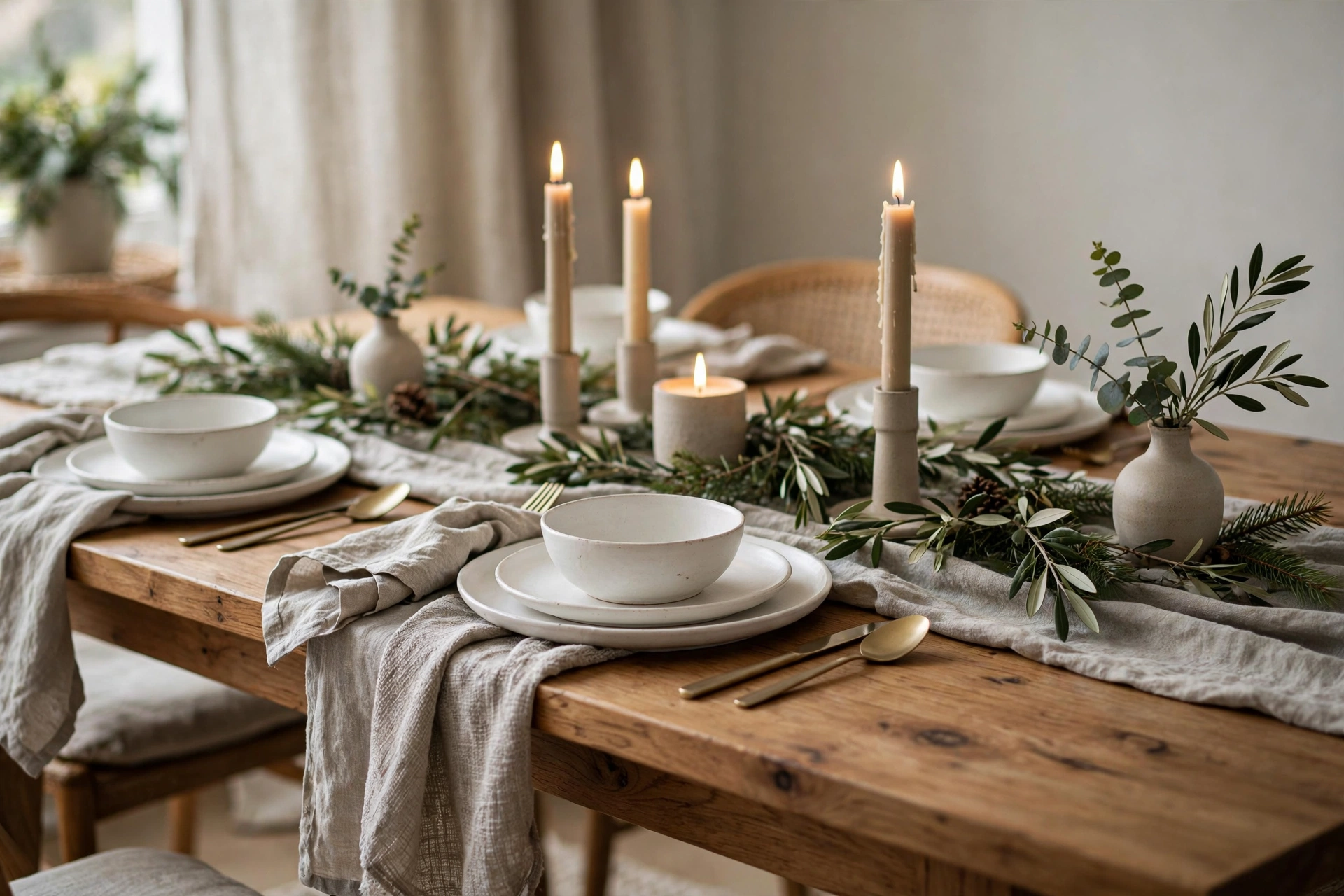 A stone-wash linen table runner on a wooden dining table set with white dishes and candles.