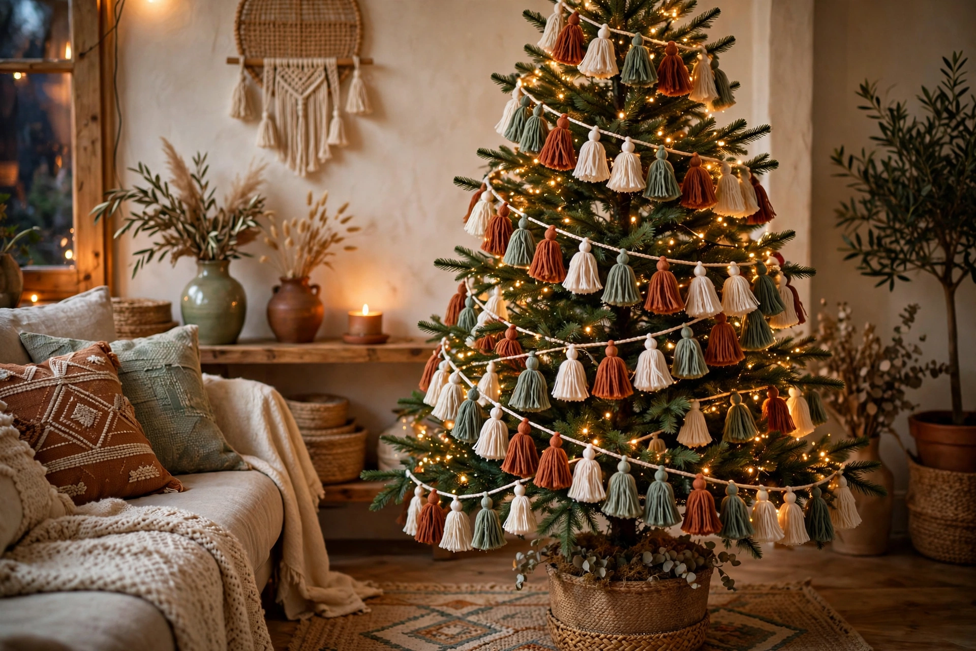 Colorful handmade tassel garlands in rust and cream draped on a Christmas tree