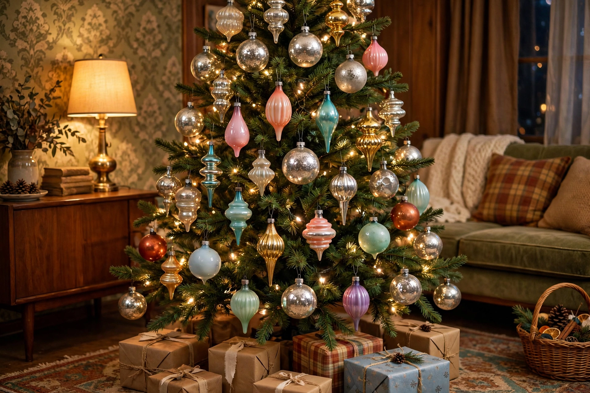 Christmas tree decorated with vintage glass ornaments and antique mercury glass baubles