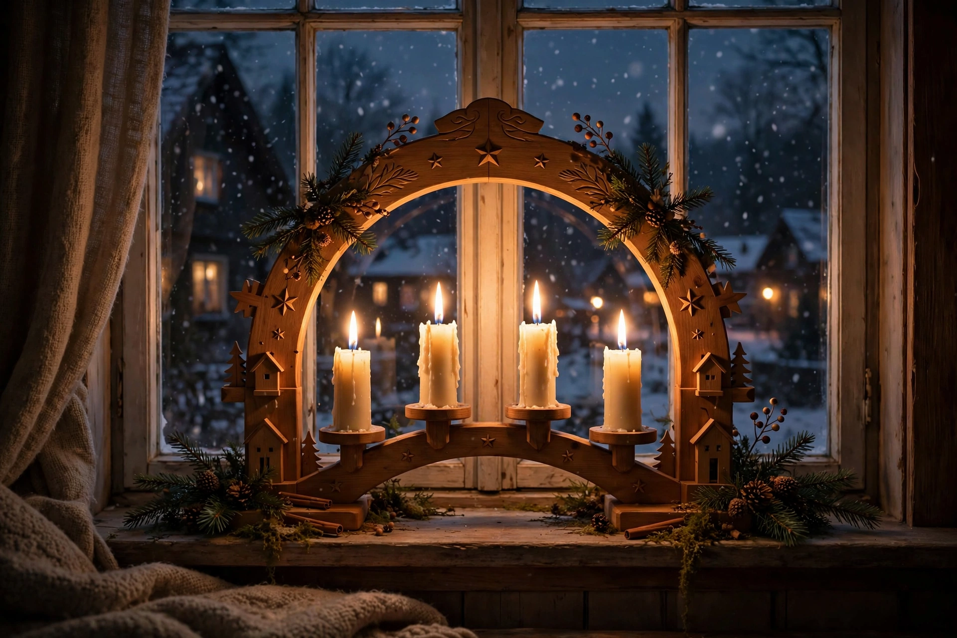 Wooden Advent candle arch with four glowing candles in a front window.