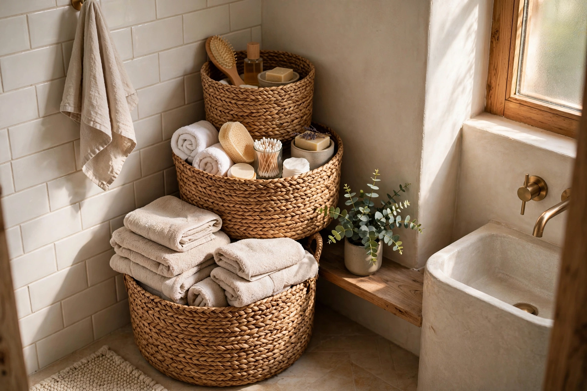 Woven storage baskets in a small bathroom — small bathroom decor idea