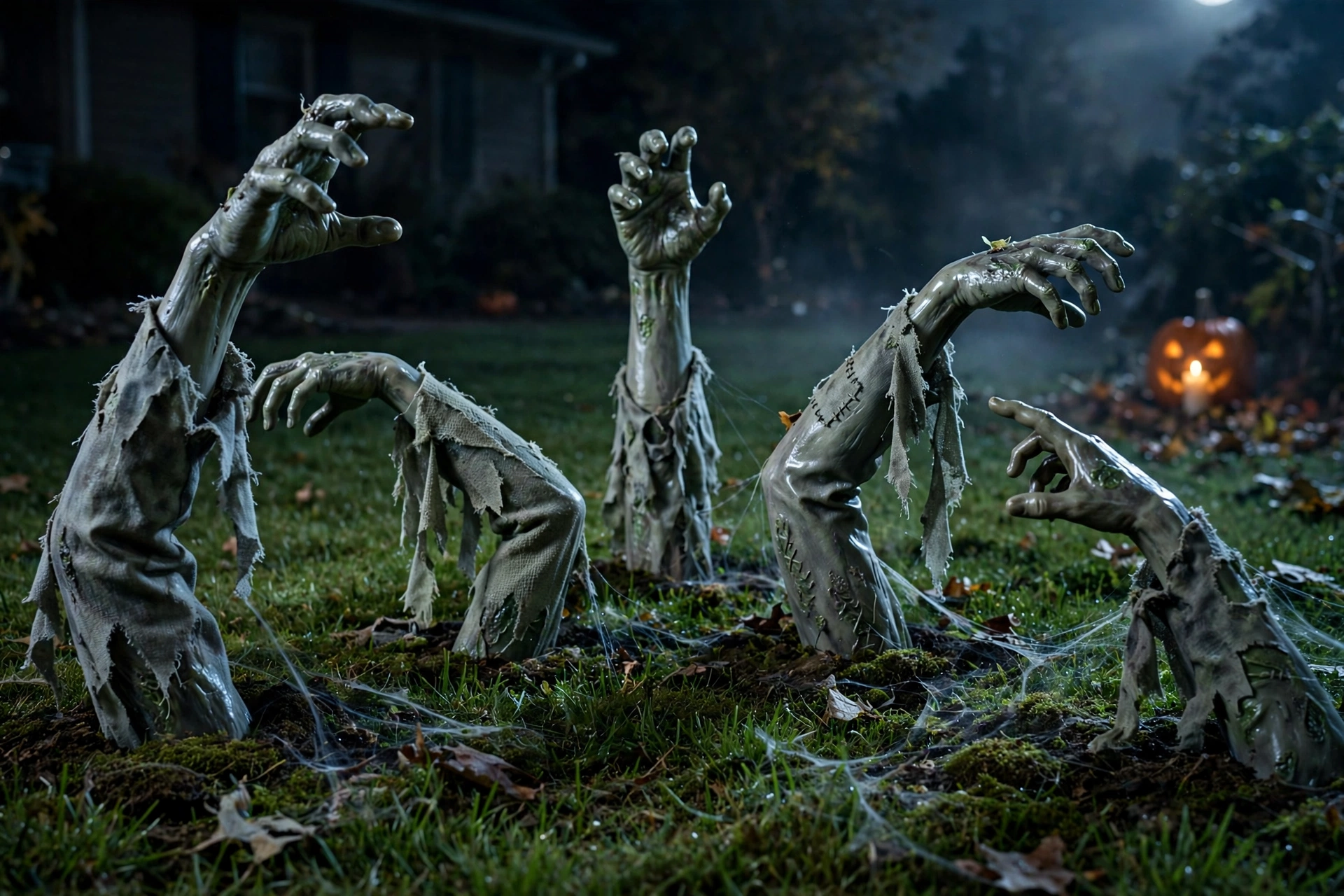 Plastic zombie arms rising from a lawn at different angles in moonlight.