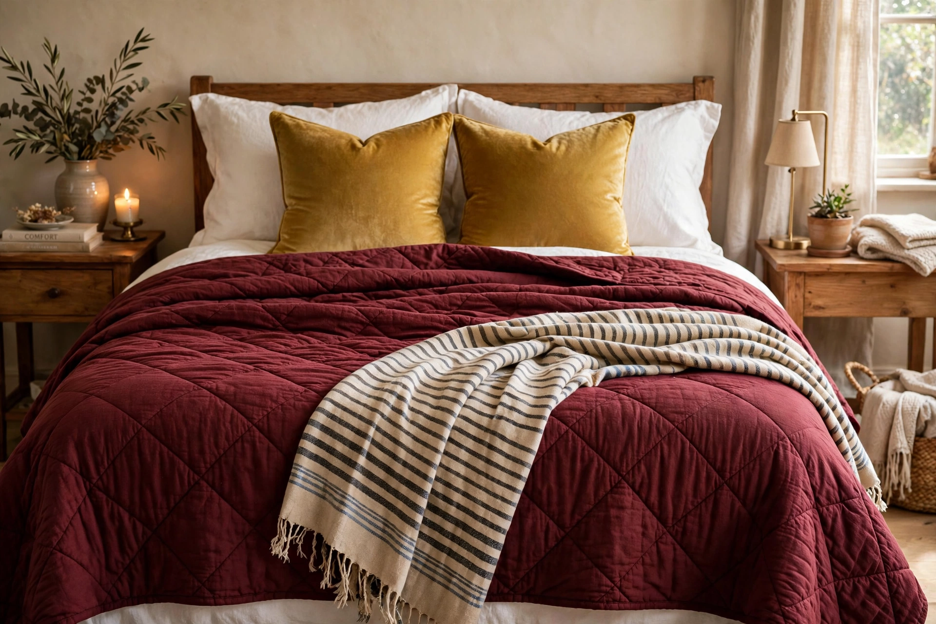 Burgundy quilt with gold accent pillows and a striped throw on a cozy bed.