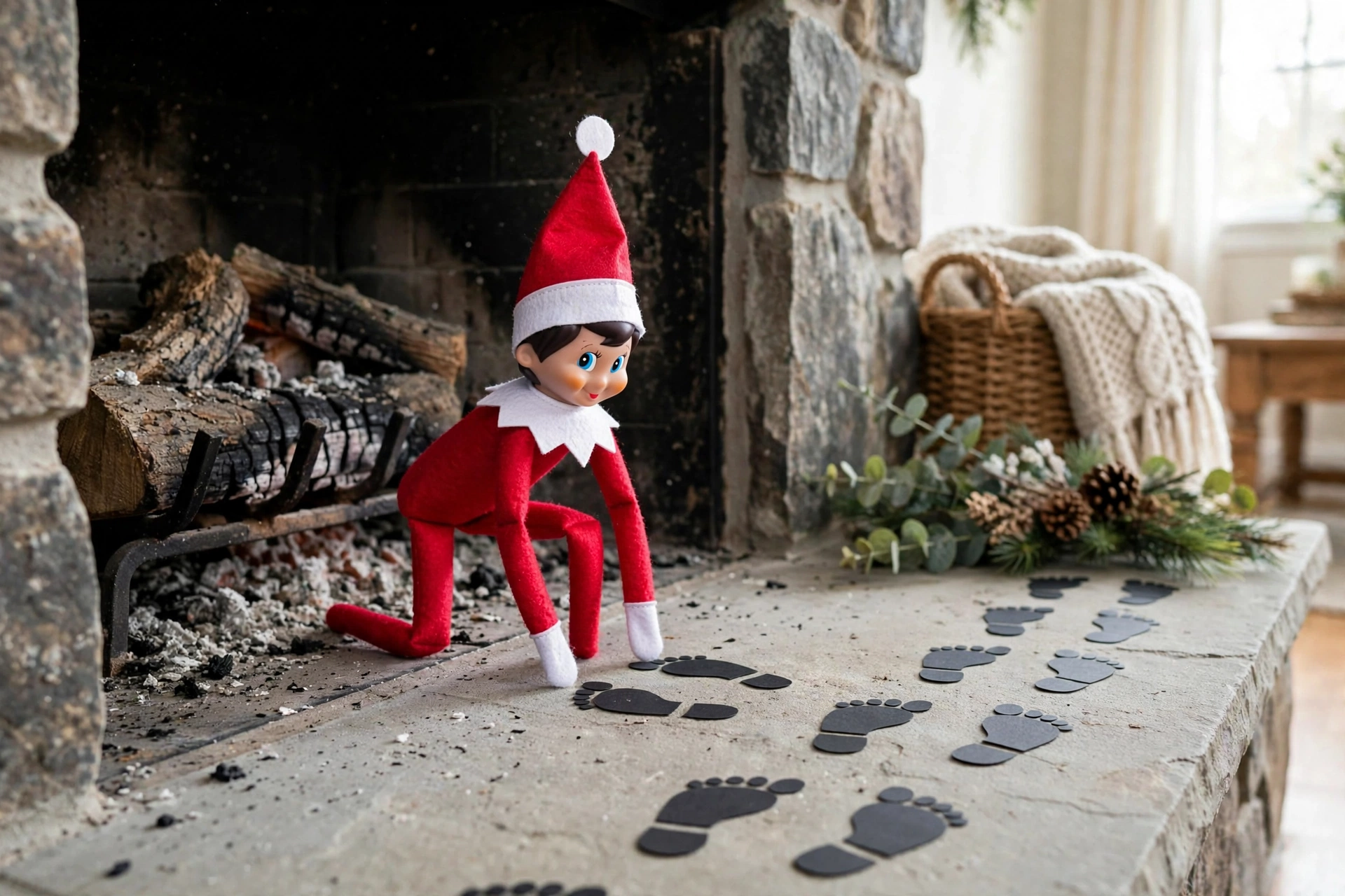 Chimney arrival with soot footprints — elf on the shelf arrival idea
