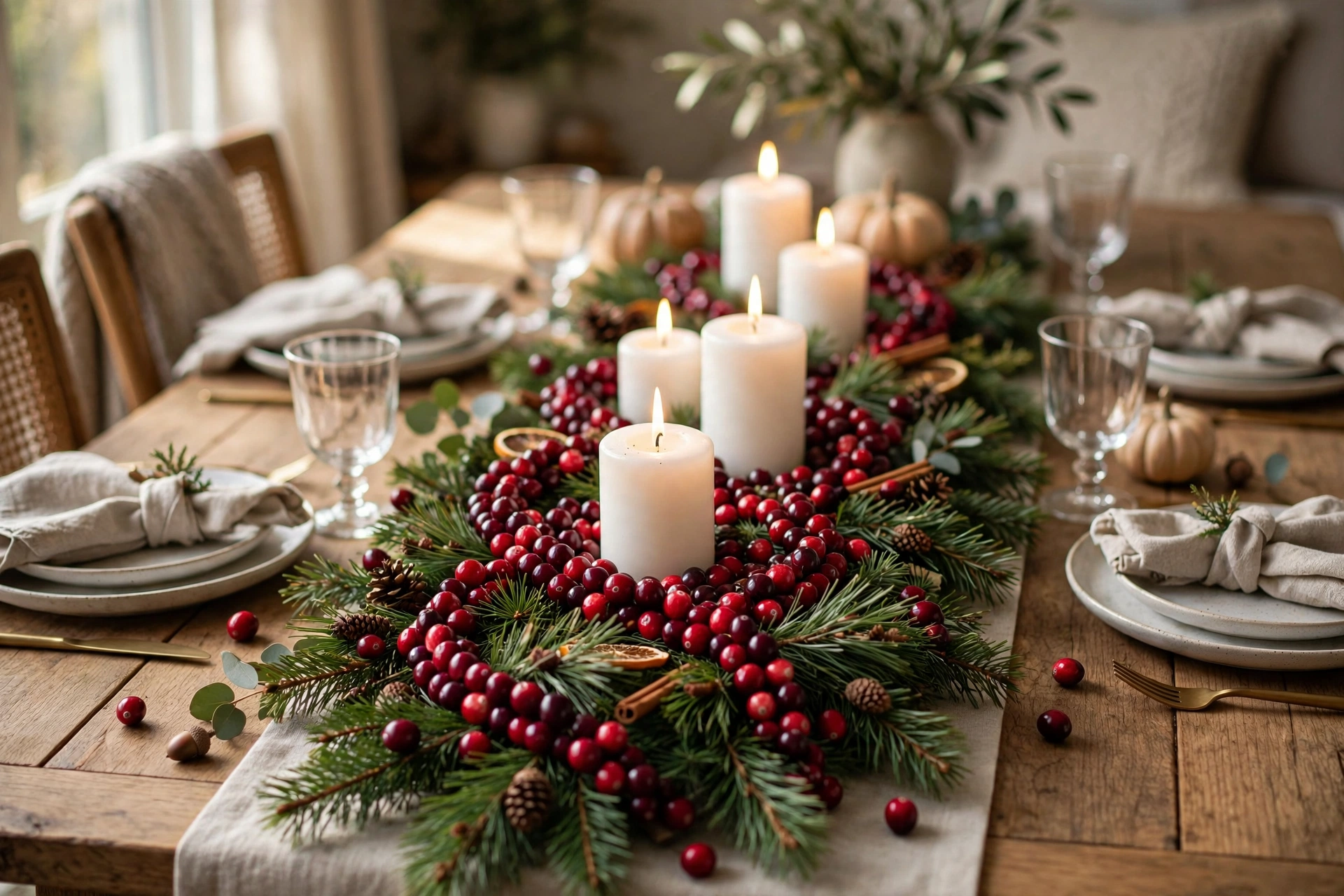 Cranberry and pine runner — Thanksgiving centerpiece idea