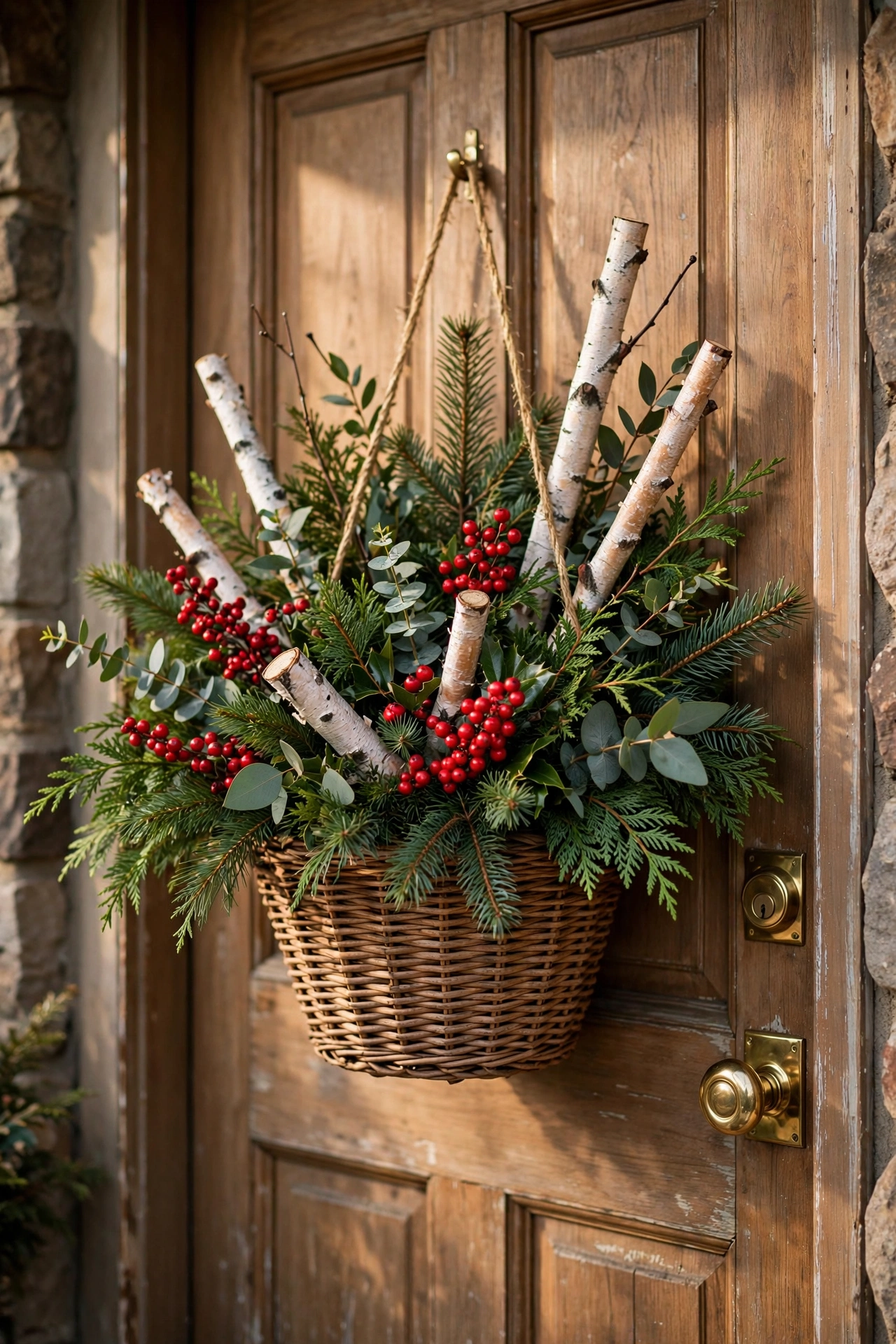 Door basket with winter greens — Christmas door idea