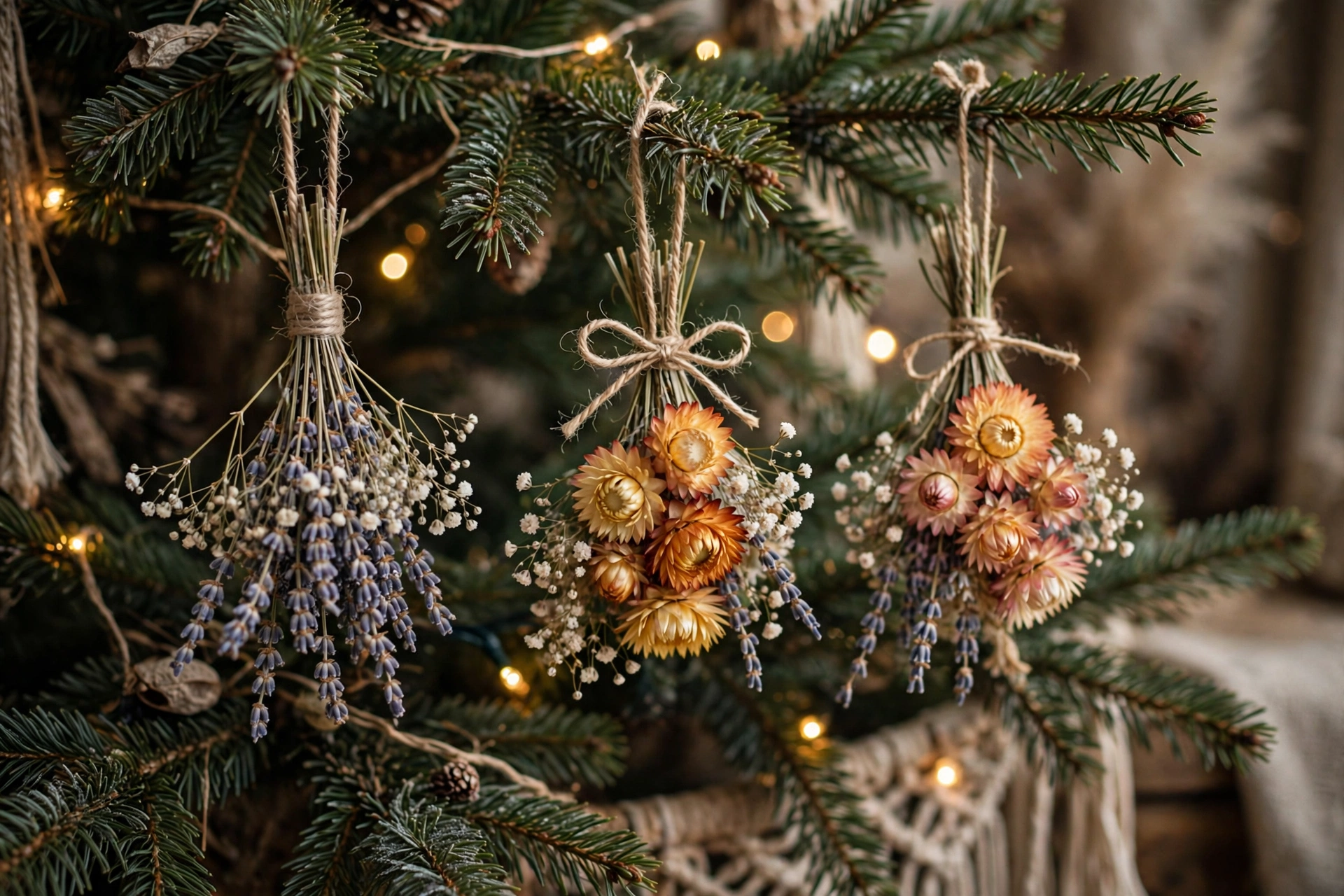Small bundles of dried flowers hanging as ornaments on a Christmas tree