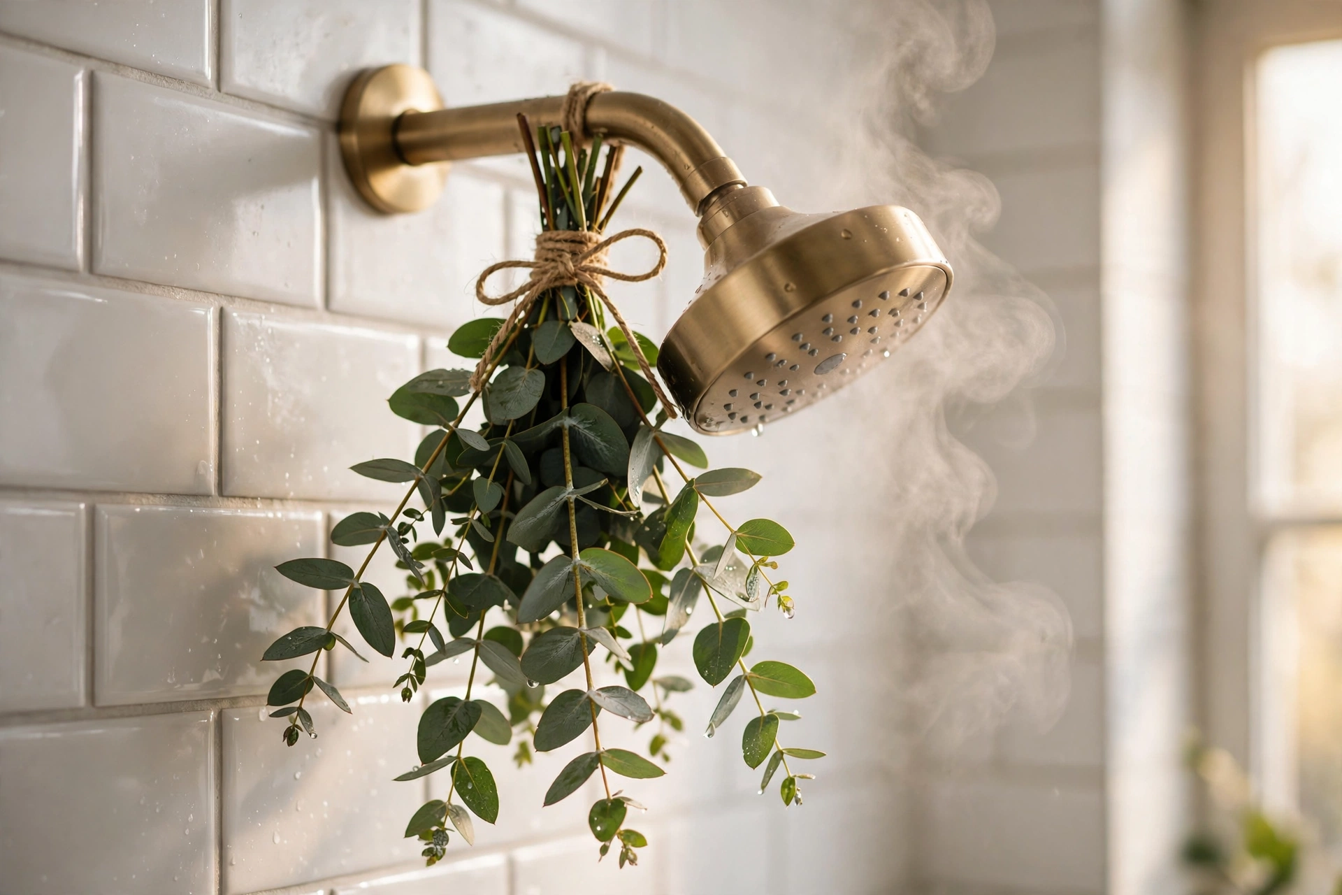 Eucalyptus bundle hanging in a shower — small bathroom decor idea