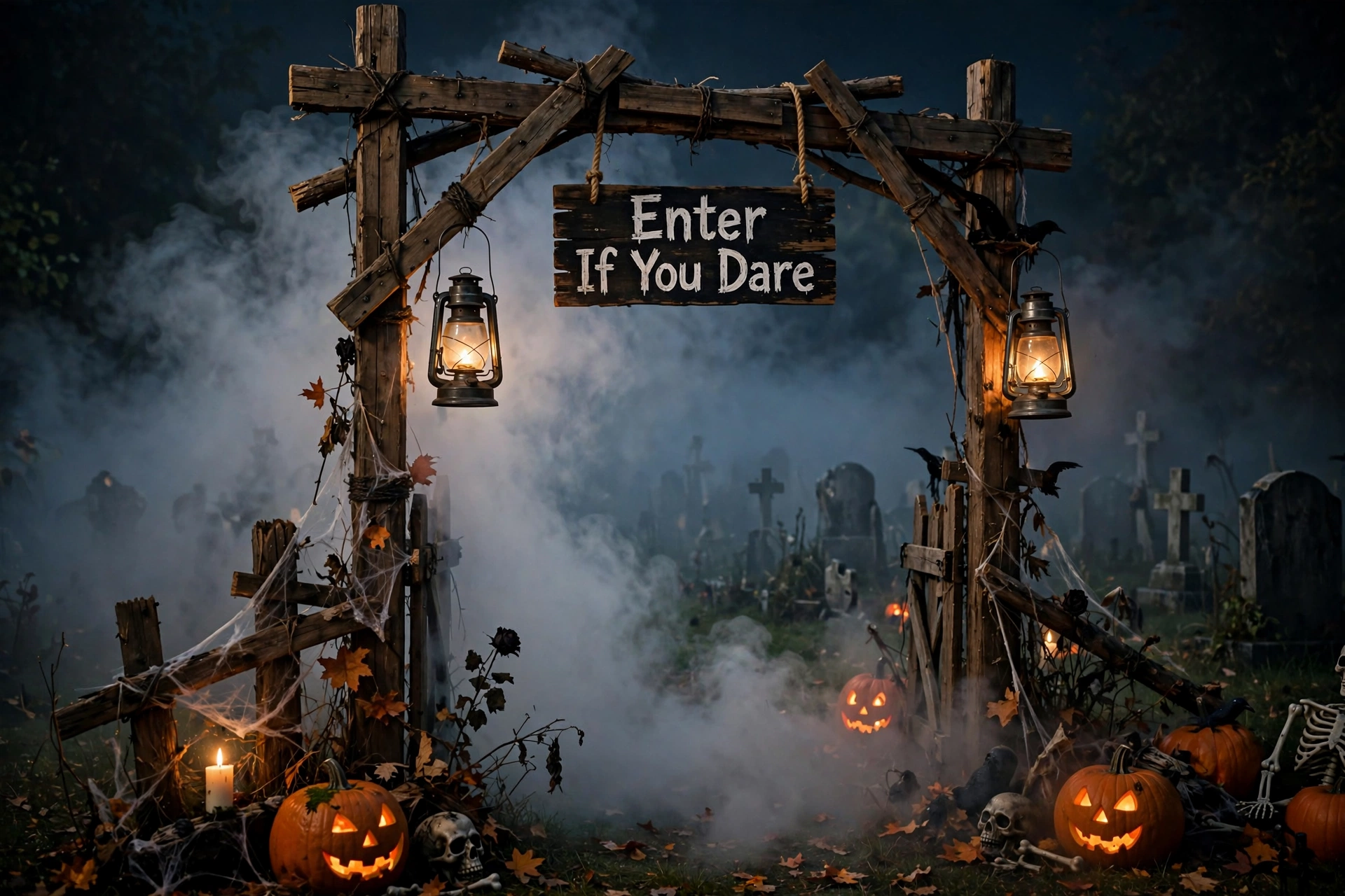 Fog rolling through a DIY cemetery gate archway with a hanging sign at night.