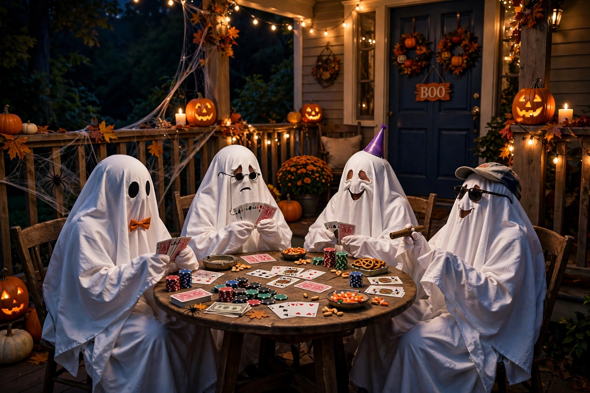 Sheet ghosts seated around a card table playing poker on a front porch at night.
