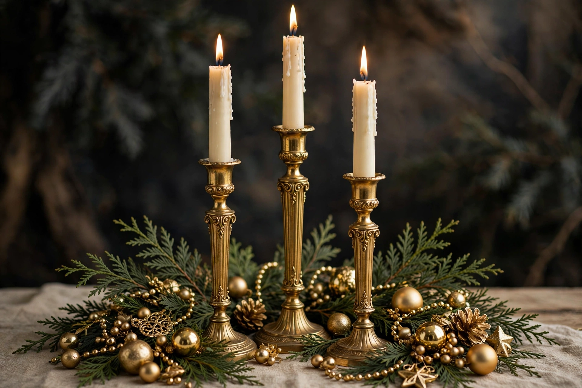 Three tall gold candlesticks with ivory tapers surrounded by cedar and gold ornaments.